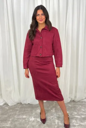 Caitlyn Faux Suede Midi Skirt In Burgundy