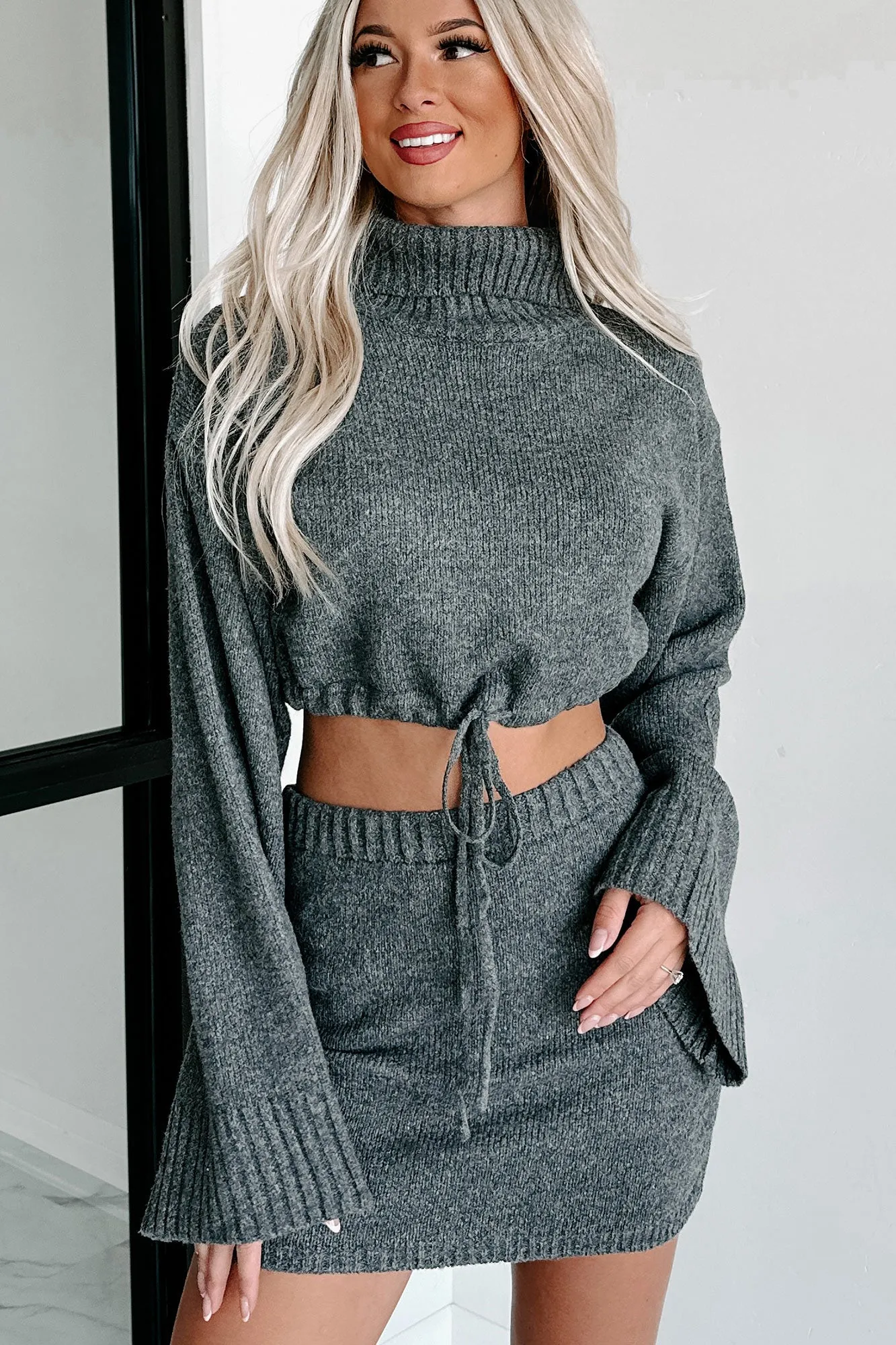 Change In The Weather Sweater Knit Crop Top & Skirt Set (Charcoal)