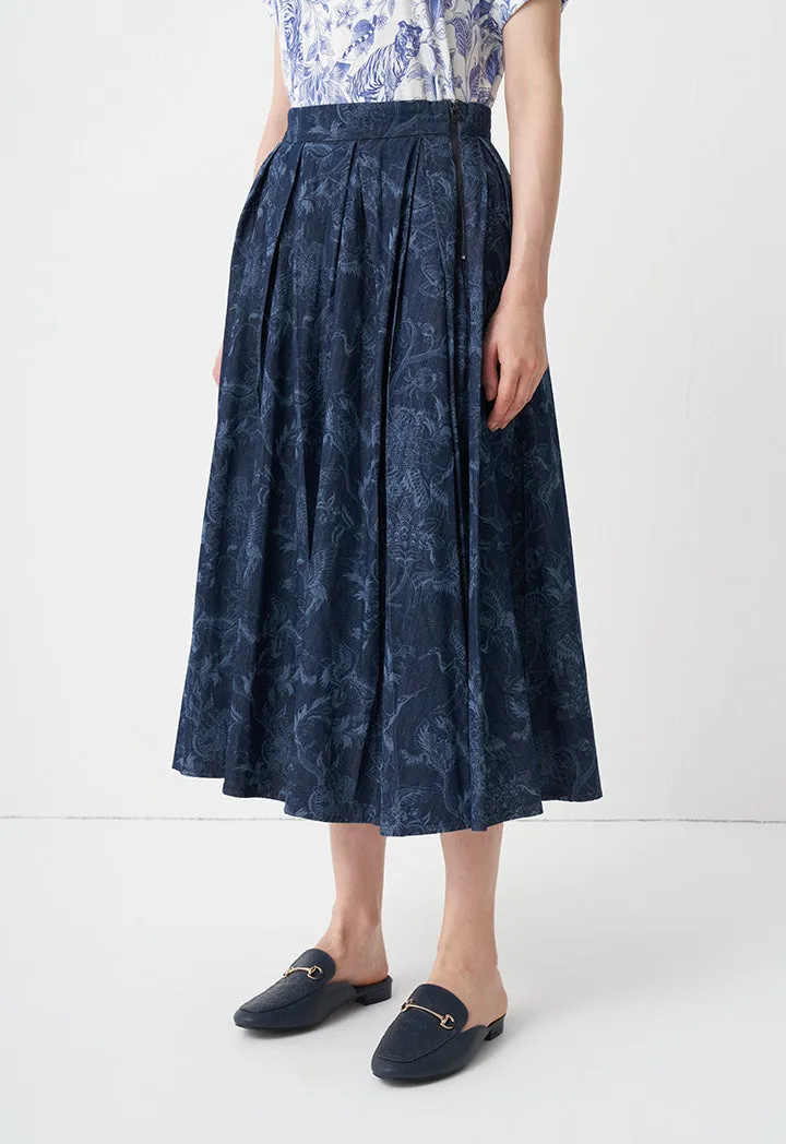 Choice Printed Pleated Midi Skirt Dark Blue