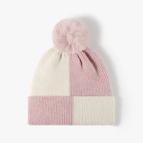 Color Block Knit Hat with Pom-Pom