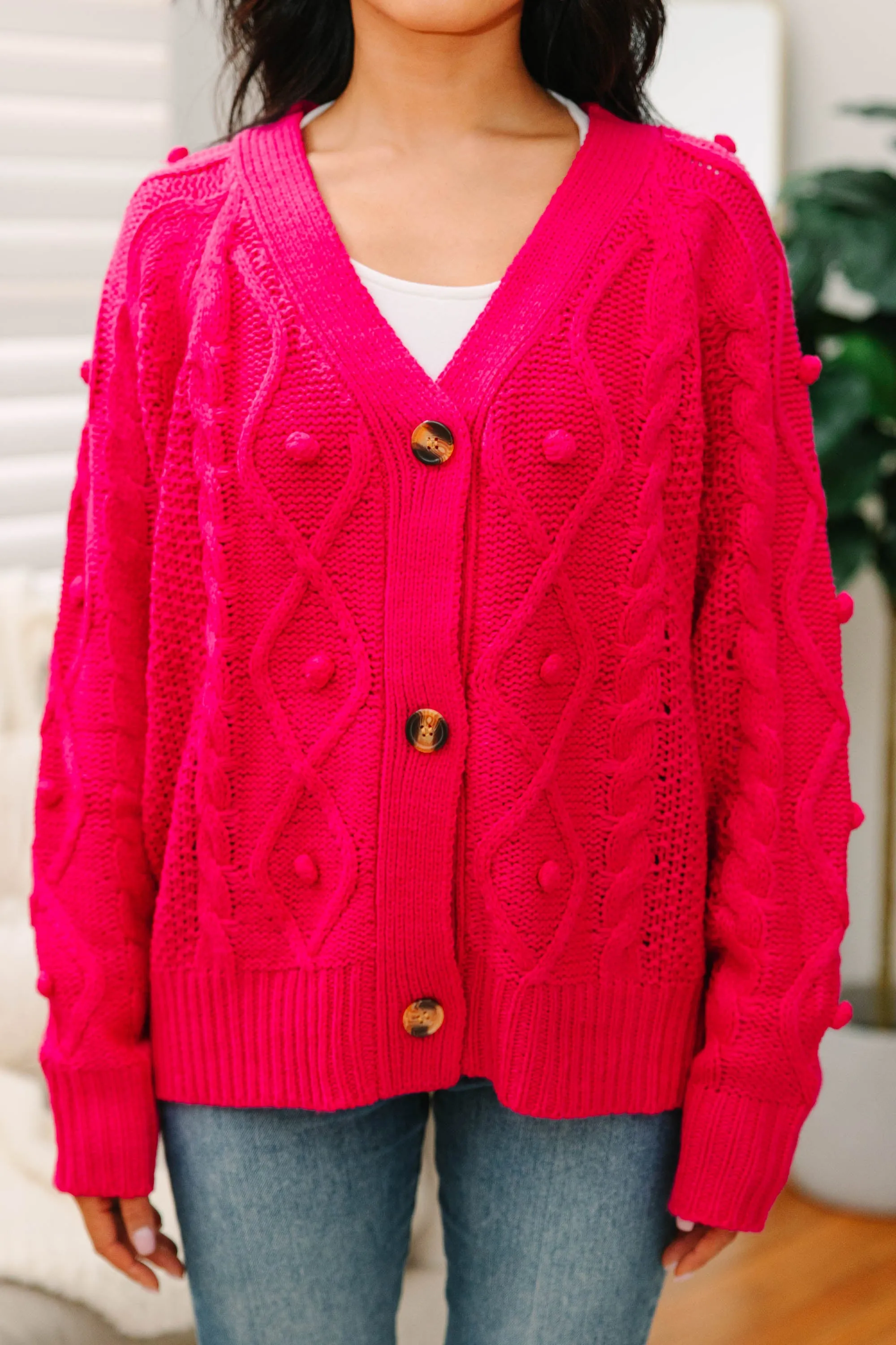 Coming Back To You Hot Pink Cable Knit Cardigan