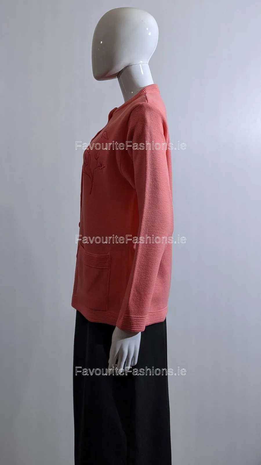 Coral Round Neck Button Pocket Cardigan