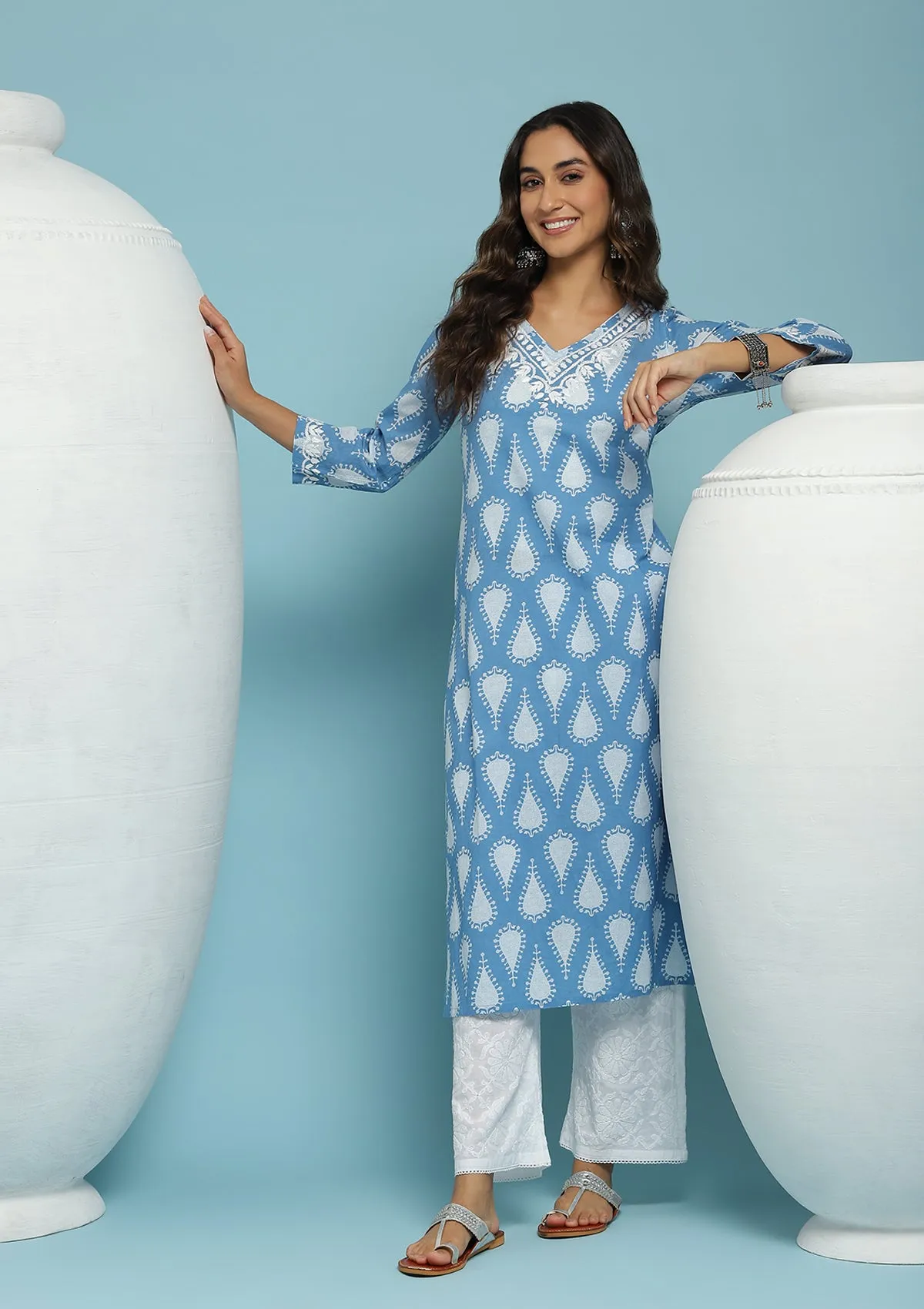 Cotton Chikankari Printed Women's Long Kurta - Blue