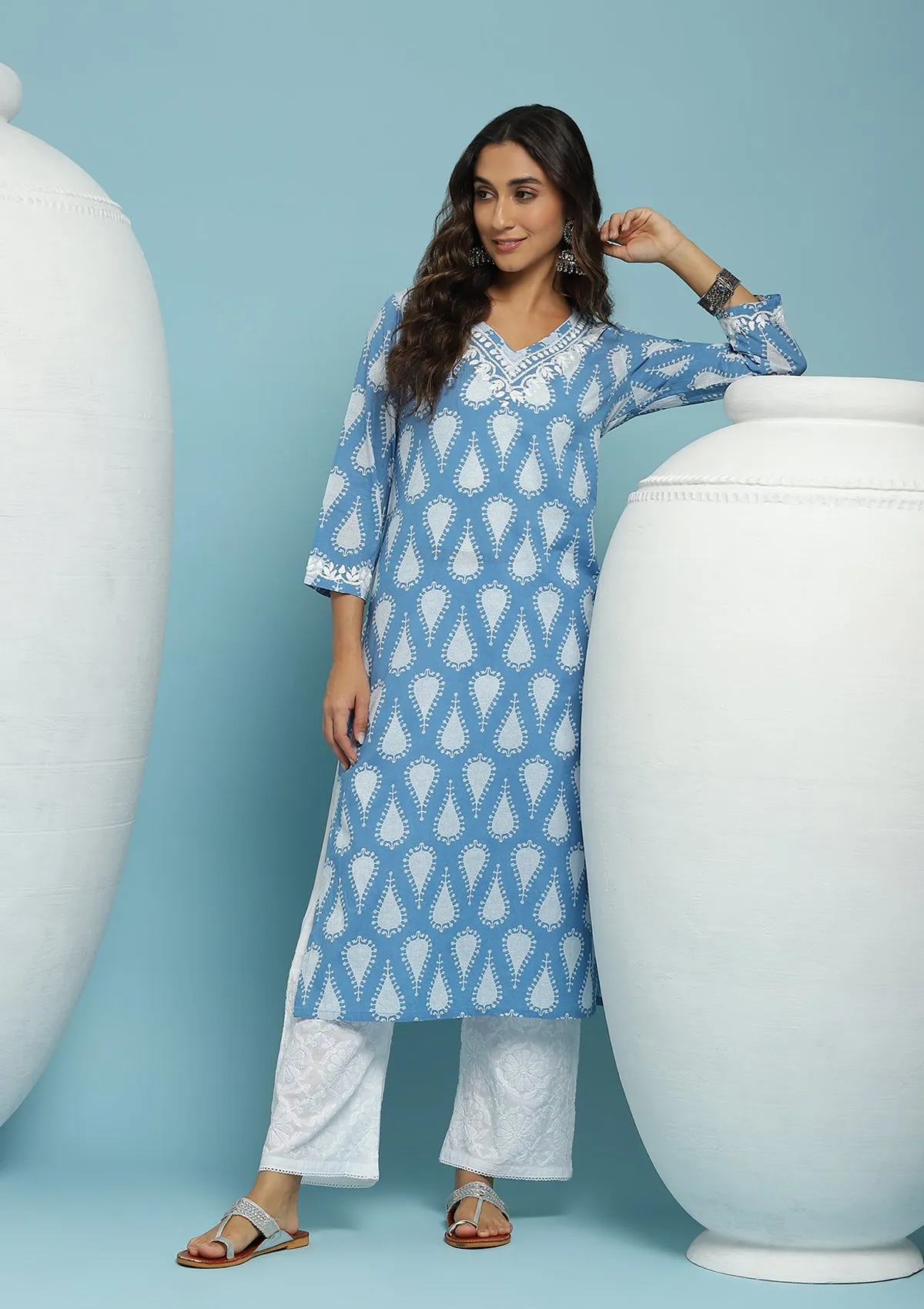 Cotton Chikankari Printed Women's Long Kurta - Blue