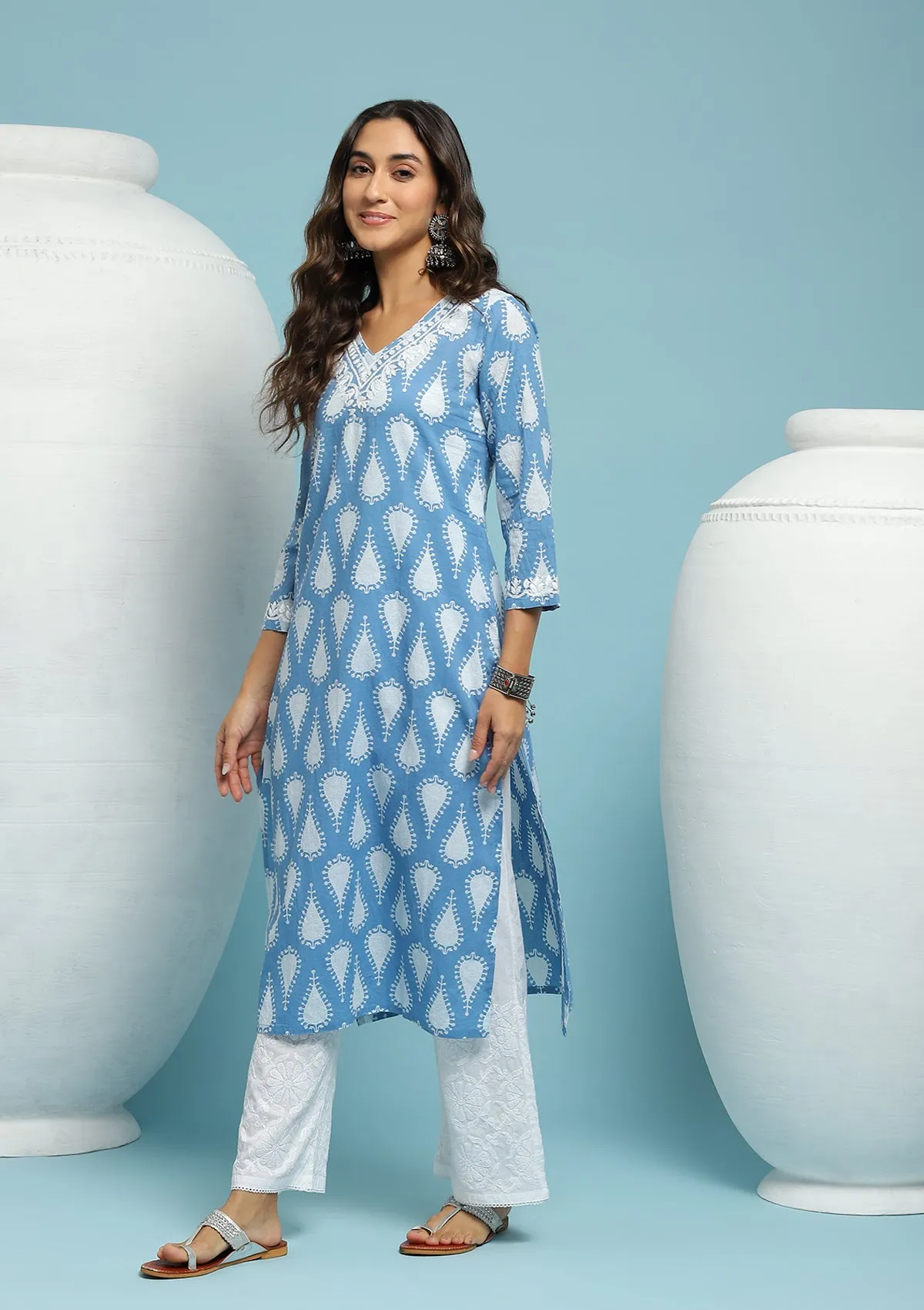 Cotton Chikankari Printed Women's Long Kurta - Blue