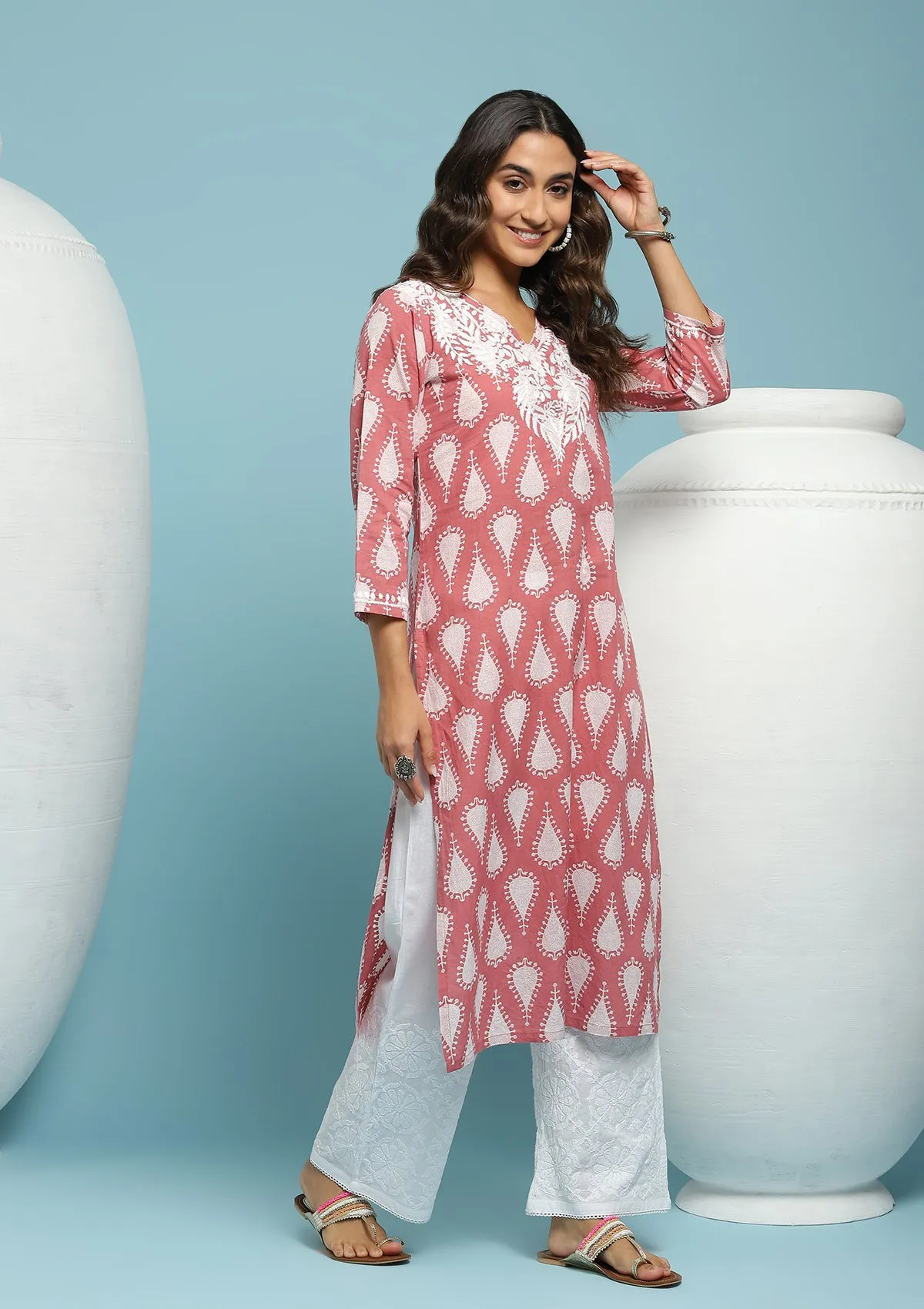 Cotton Chikankari Printed Women's Long Kurta - Dark Pink