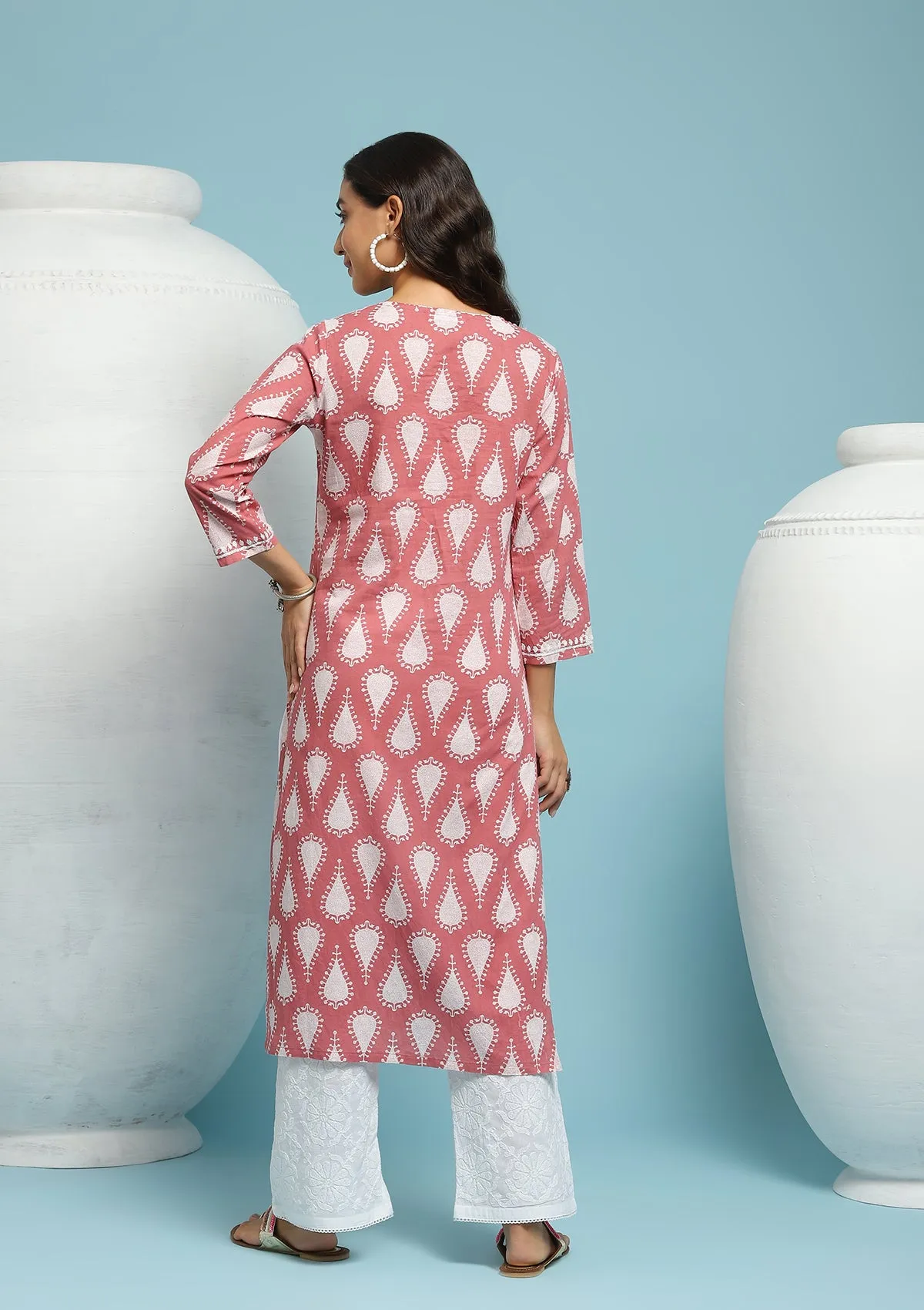 Cotton Chikankari Printed Women's Long Kurta - Dark Pink