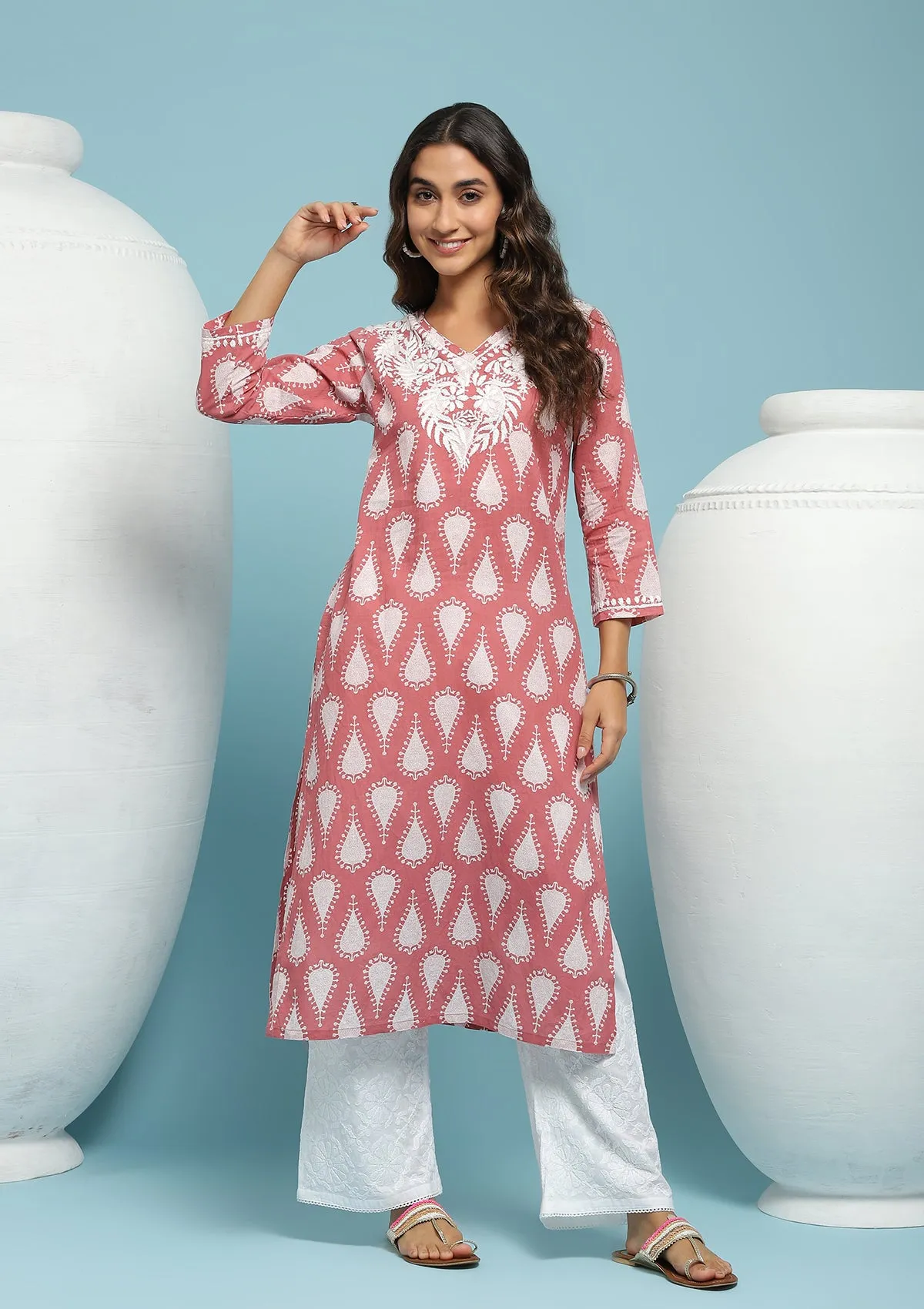 Cotton Chikankari Printed Women's Long Kurta - Dark Pink