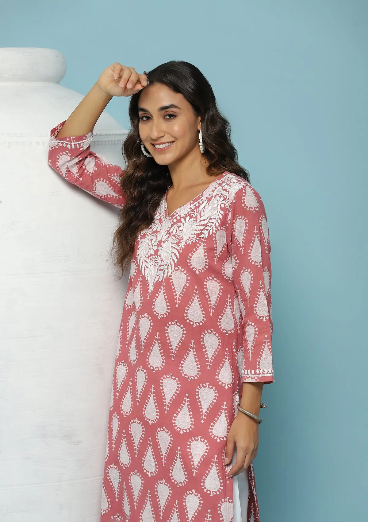 Cotton Chikankari Printed Women's Long Kurta - Dark Pink