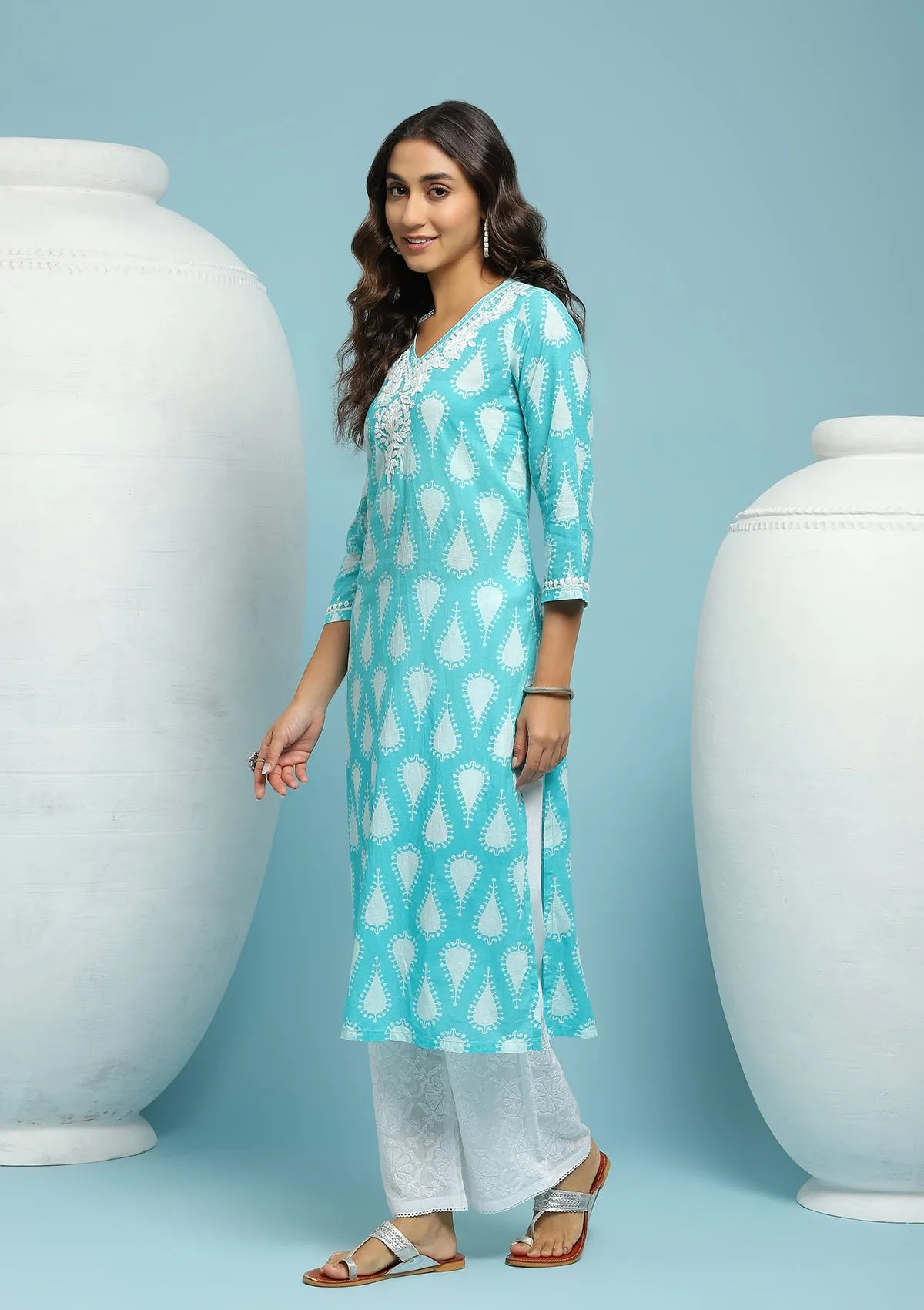 Cotton Chikankari Printed Women's Long Kurta - Green