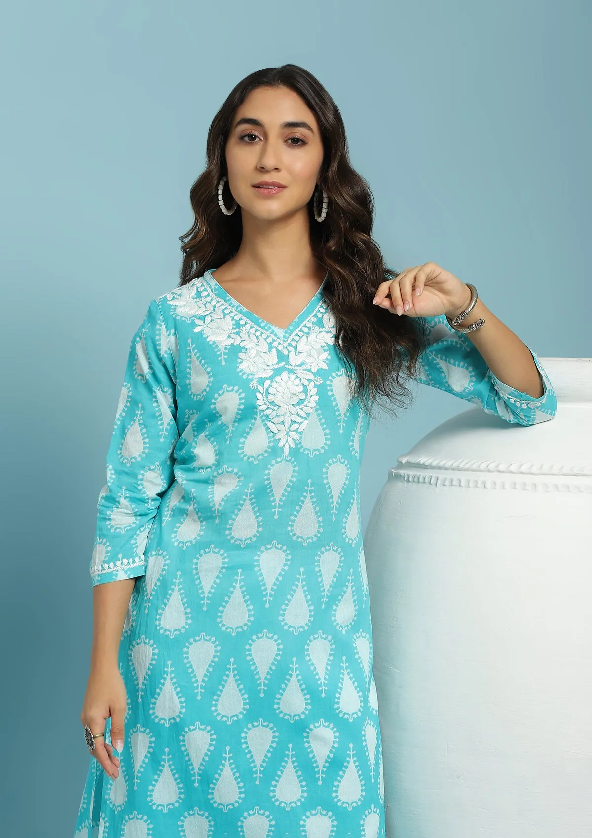 Cotton Chikankari Printed Women's Long Kurta - Green