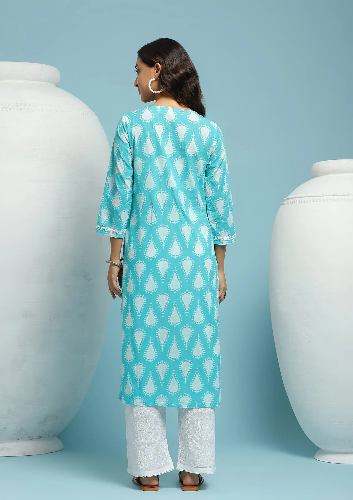 Cotton Chikankari Printed Women's Long Kurta - Green