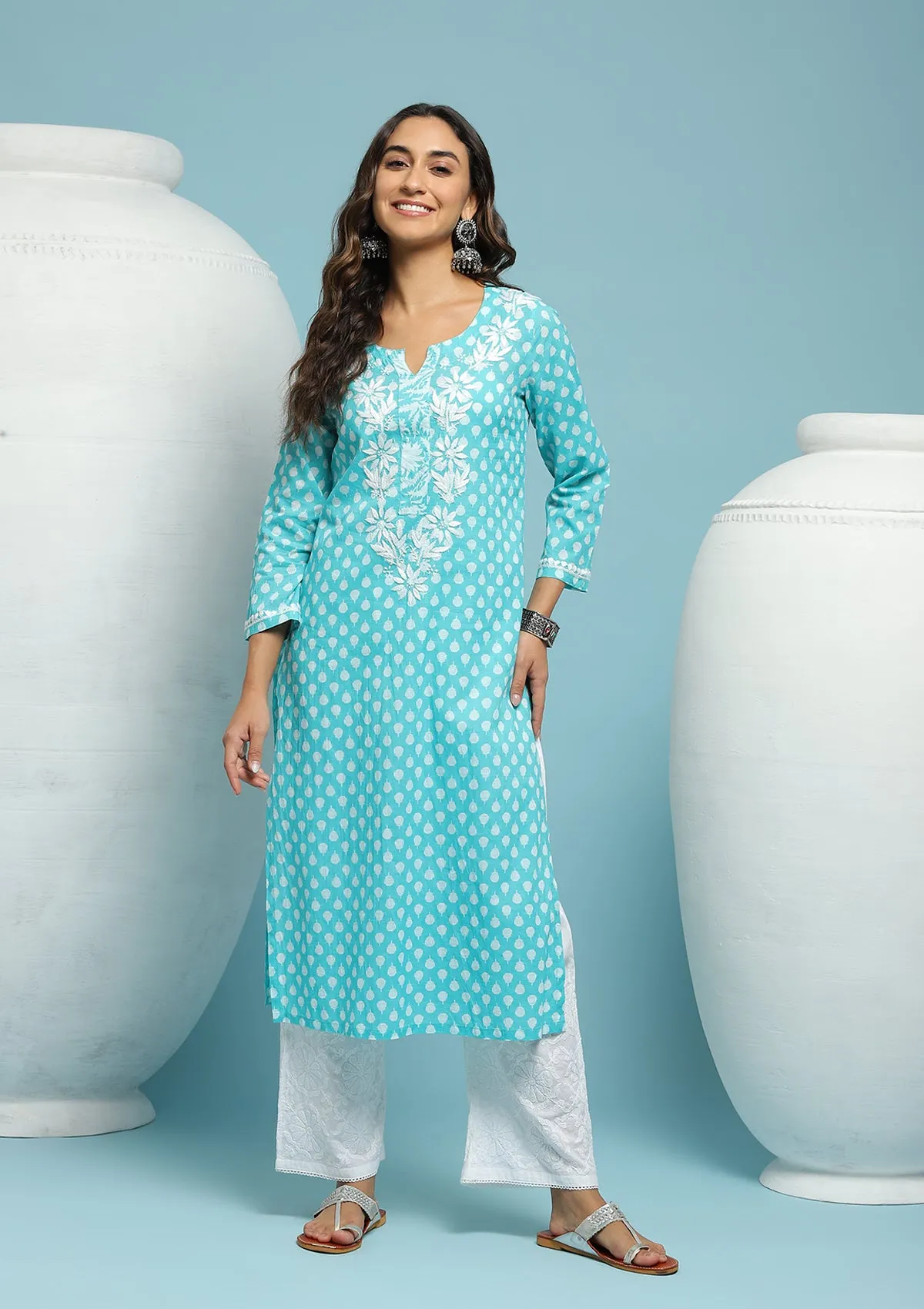 Cotton Chikankari Printed Women's Long Kurta - Green