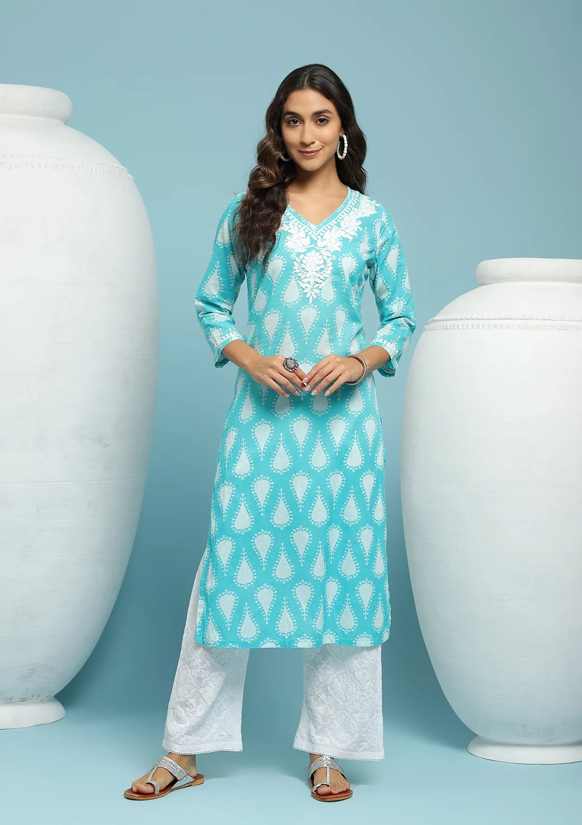 Cotton Chikankari Printed Women's Long Kurta - Green