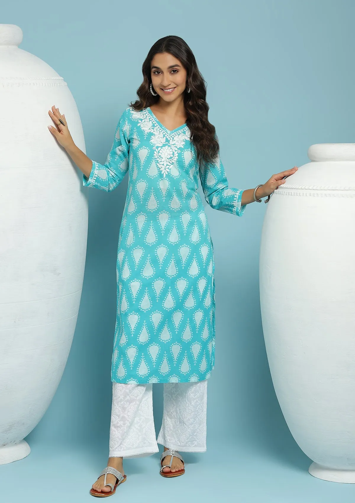 Cotton Chikankari Printed Women's Long Kurta - Green