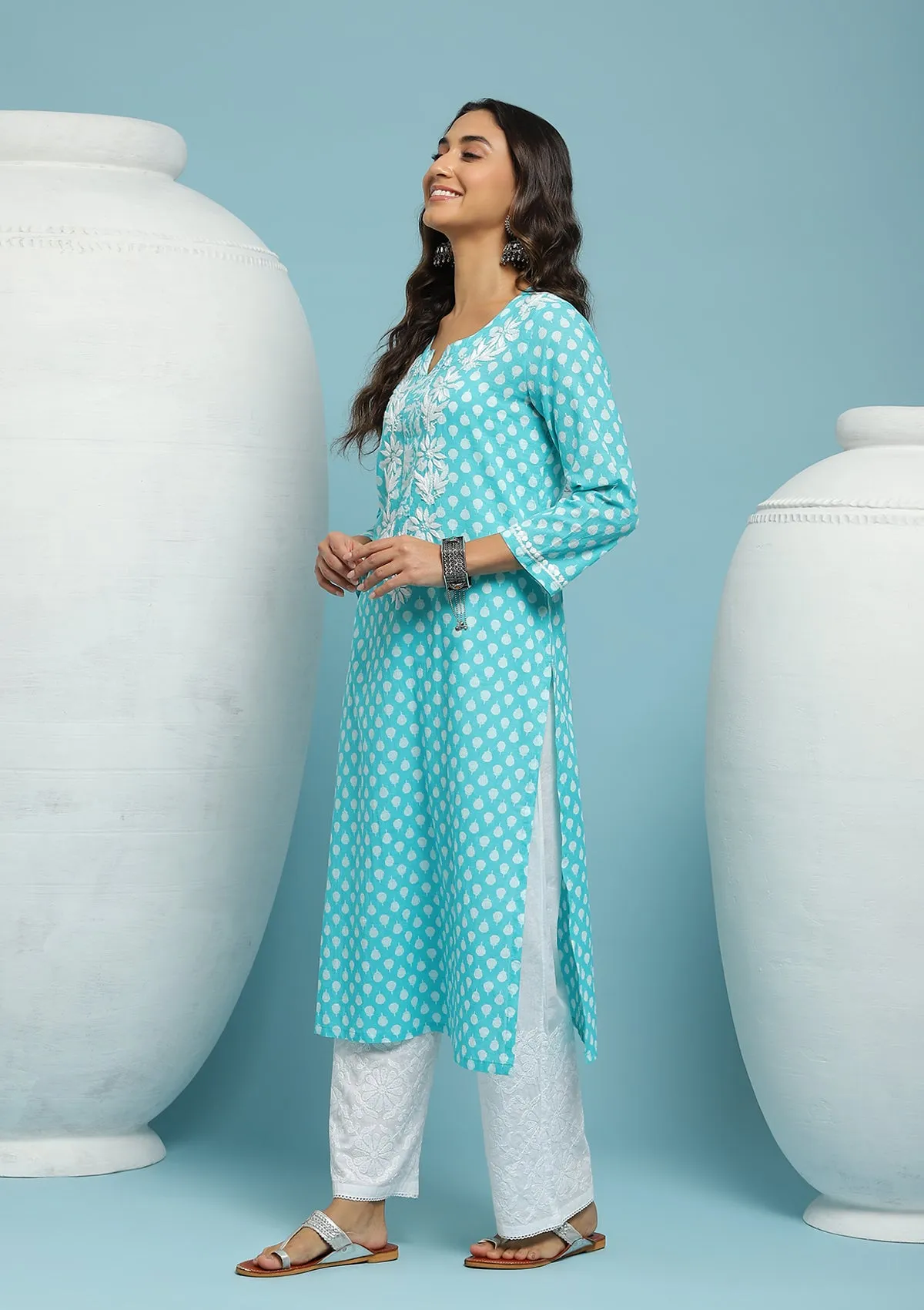 Cotton Chikankari Printed Women's Long Kurta - Green