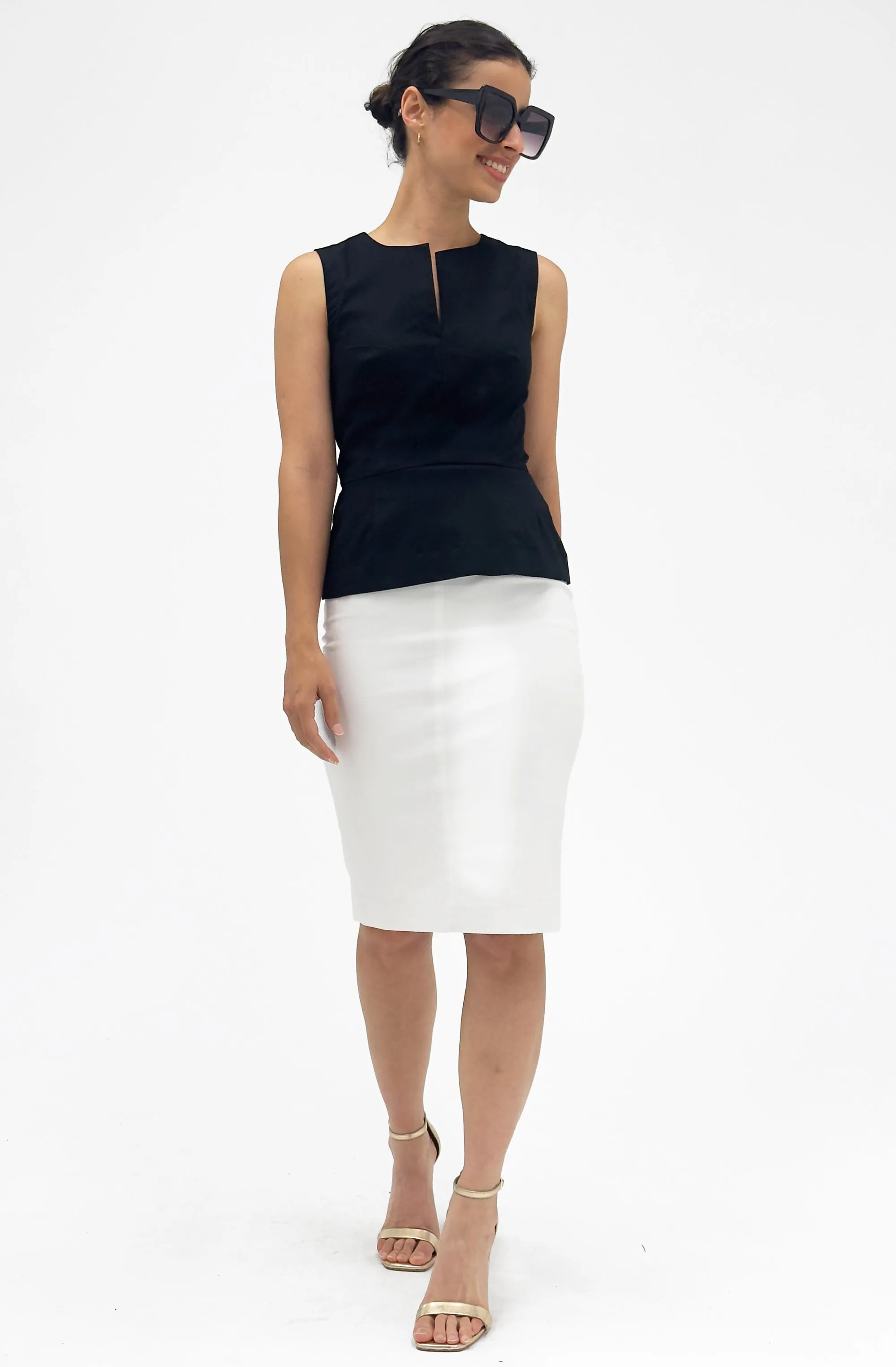 Cotton Sleeveless Peplum Top with Slit Neckline