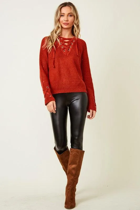 Cozy Knit Eyelet Drawstring Lace Up Front Sweater