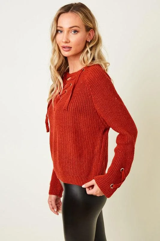 Cozy Knit Eyelet Drawstring Lace Up Front Sweater