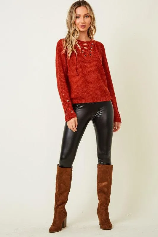 Cozy Knit Eyelet Drawstring Lace Up Front Sweater