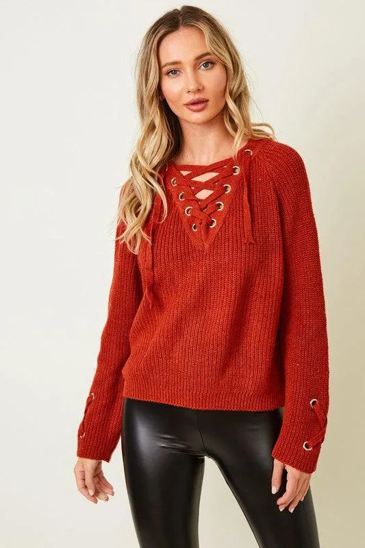 Cozy Knit Eyelet Drawstring Lace Up Front Sweater