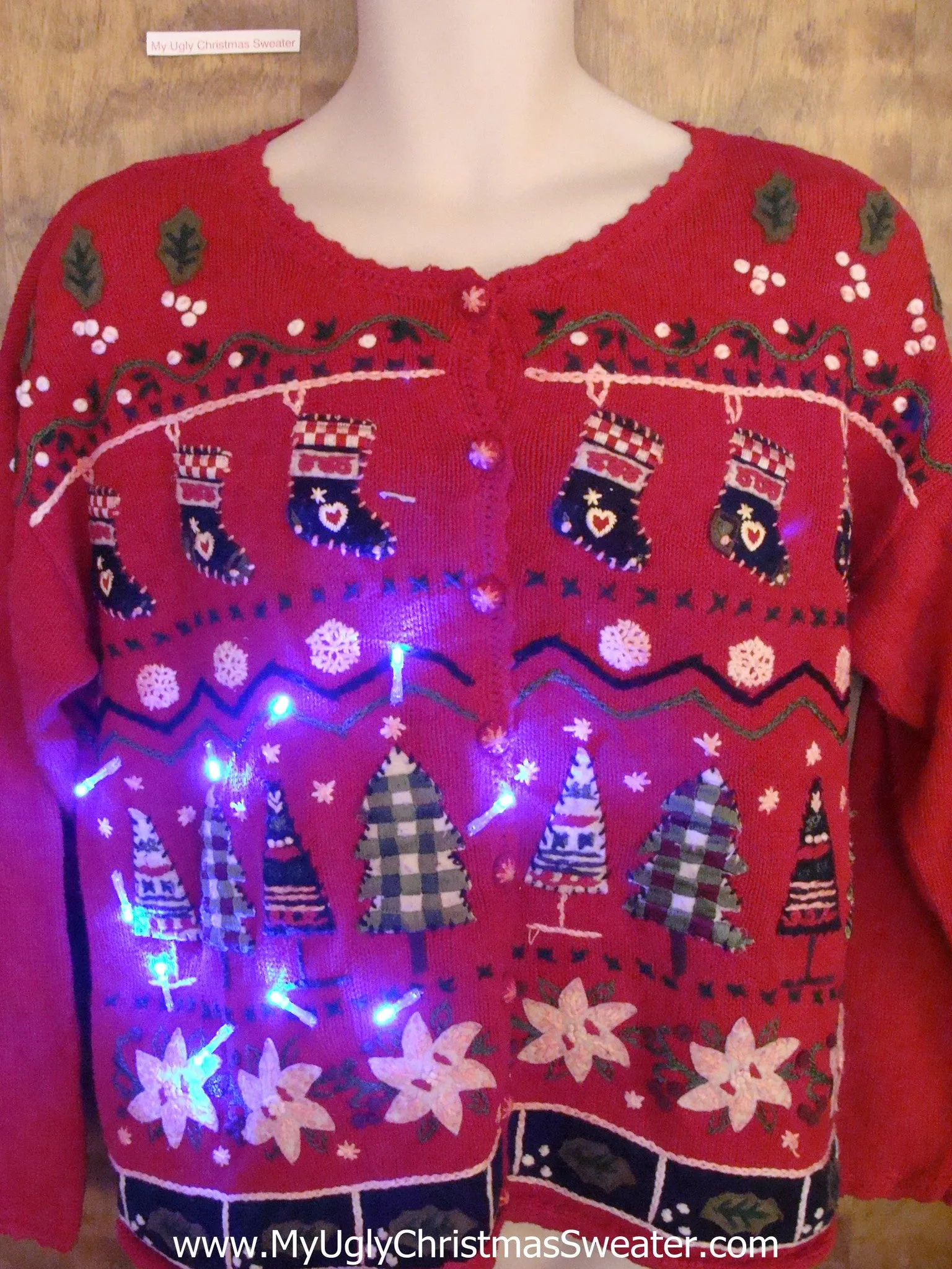 Crazy 80s Plaid Trees Christmas Sweater with Lights