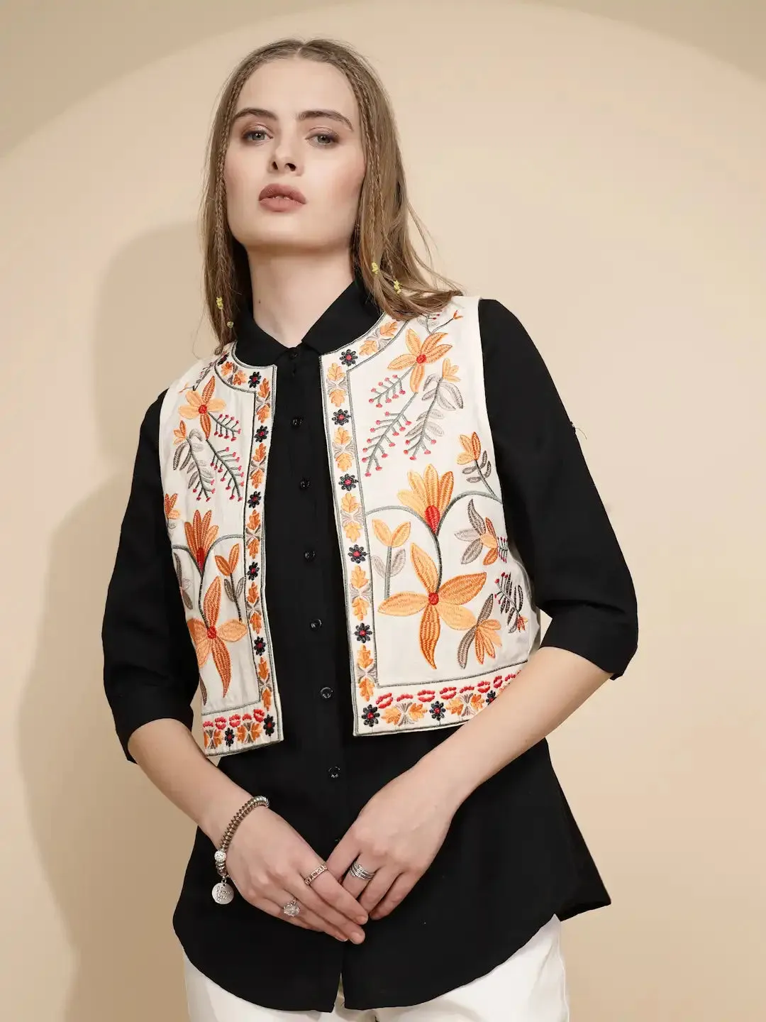 Cream Cotton Regular Fit Waist Coat For Women