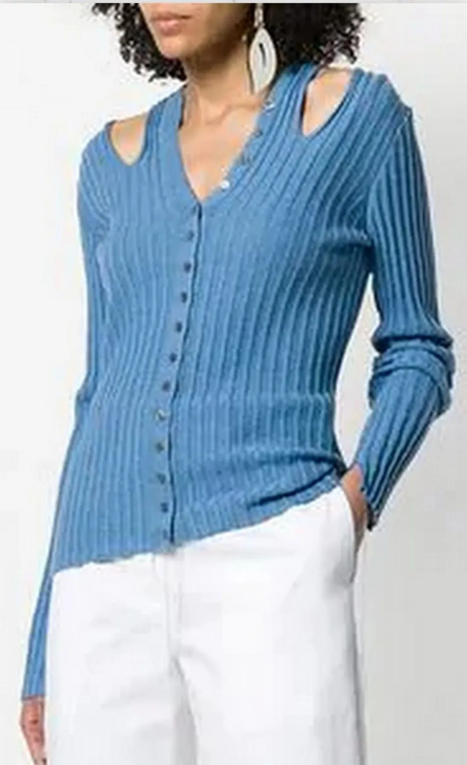 Cut-Out Ribbed Cardigan, Blue