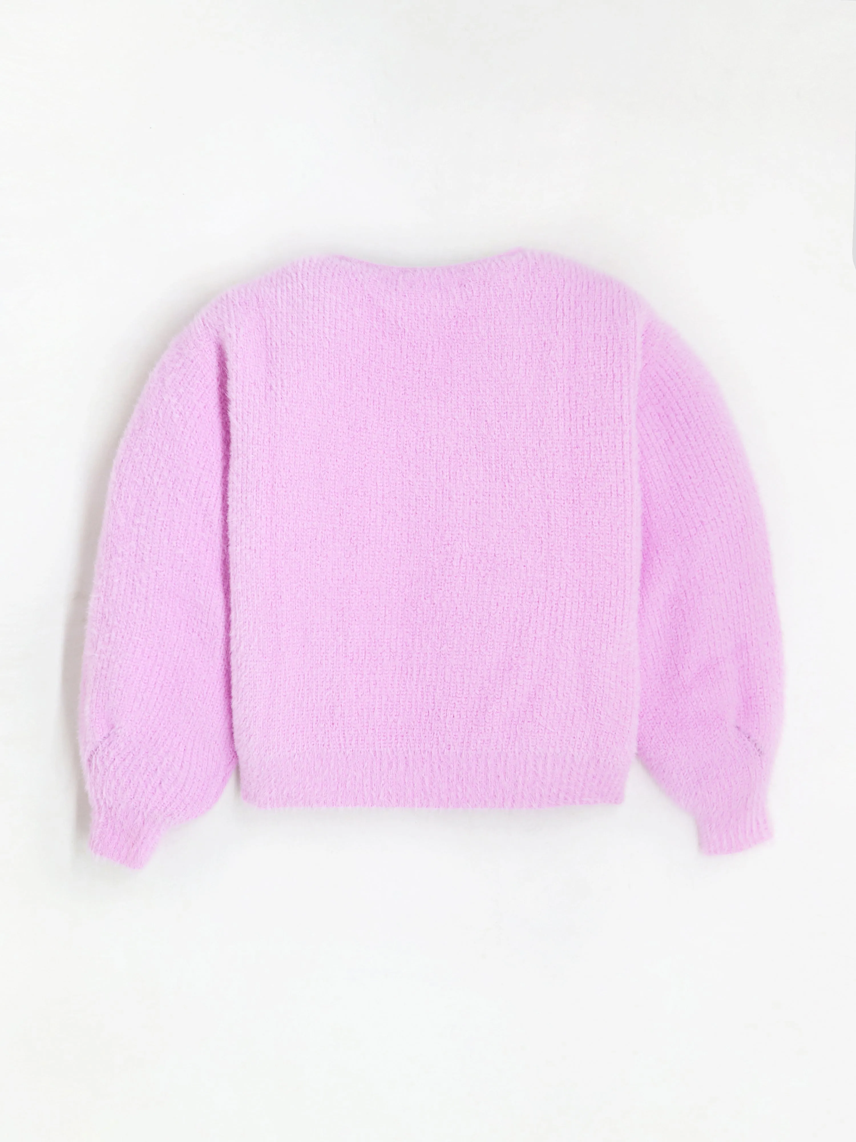 Cute Baby Pink Puffy Sleeve Warm Solid Round Neck Sweater For Girls