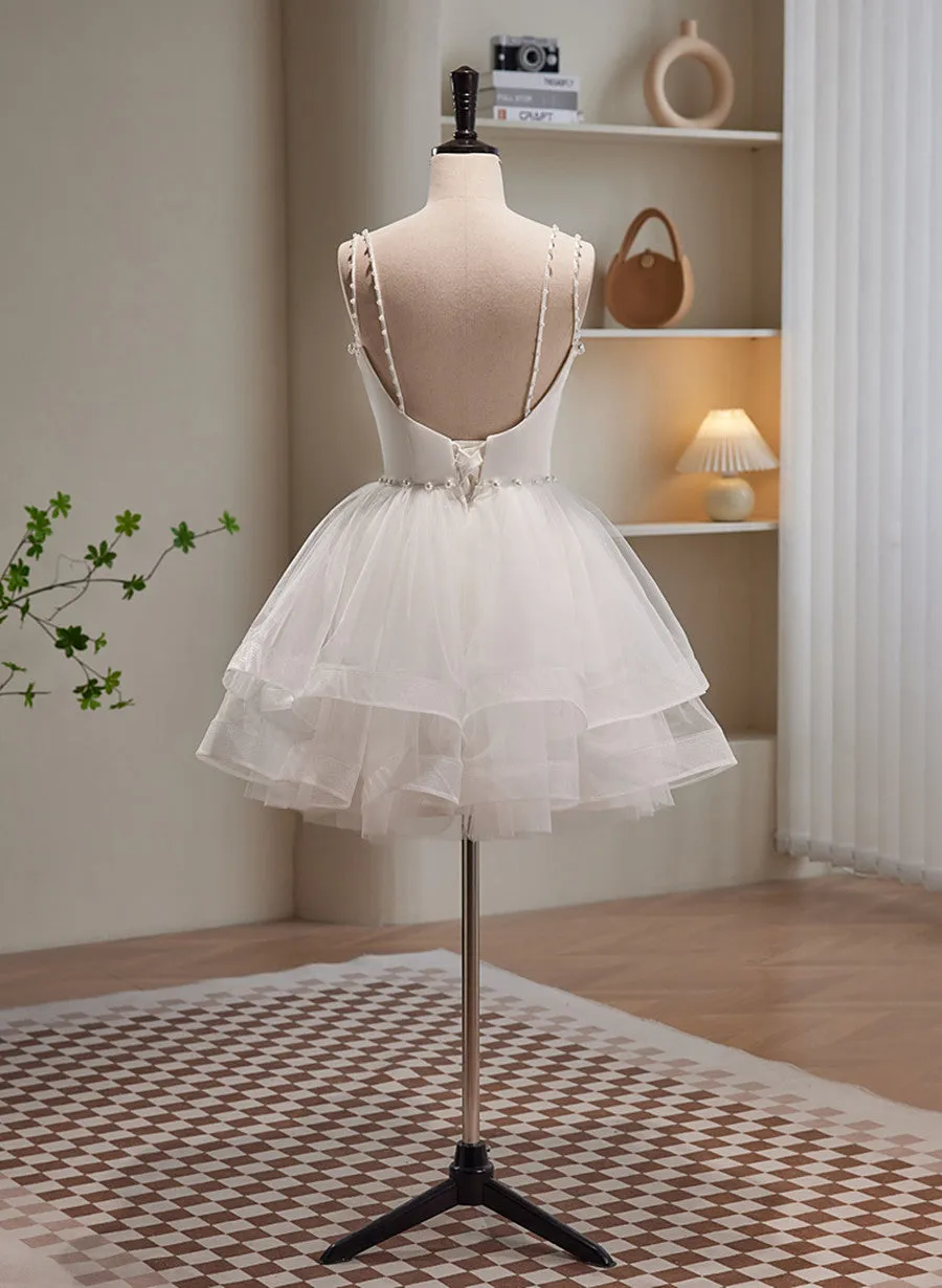 Cute White Short Tulle Beaded Graduation Dress, White Short Prom Dress Formal Dress