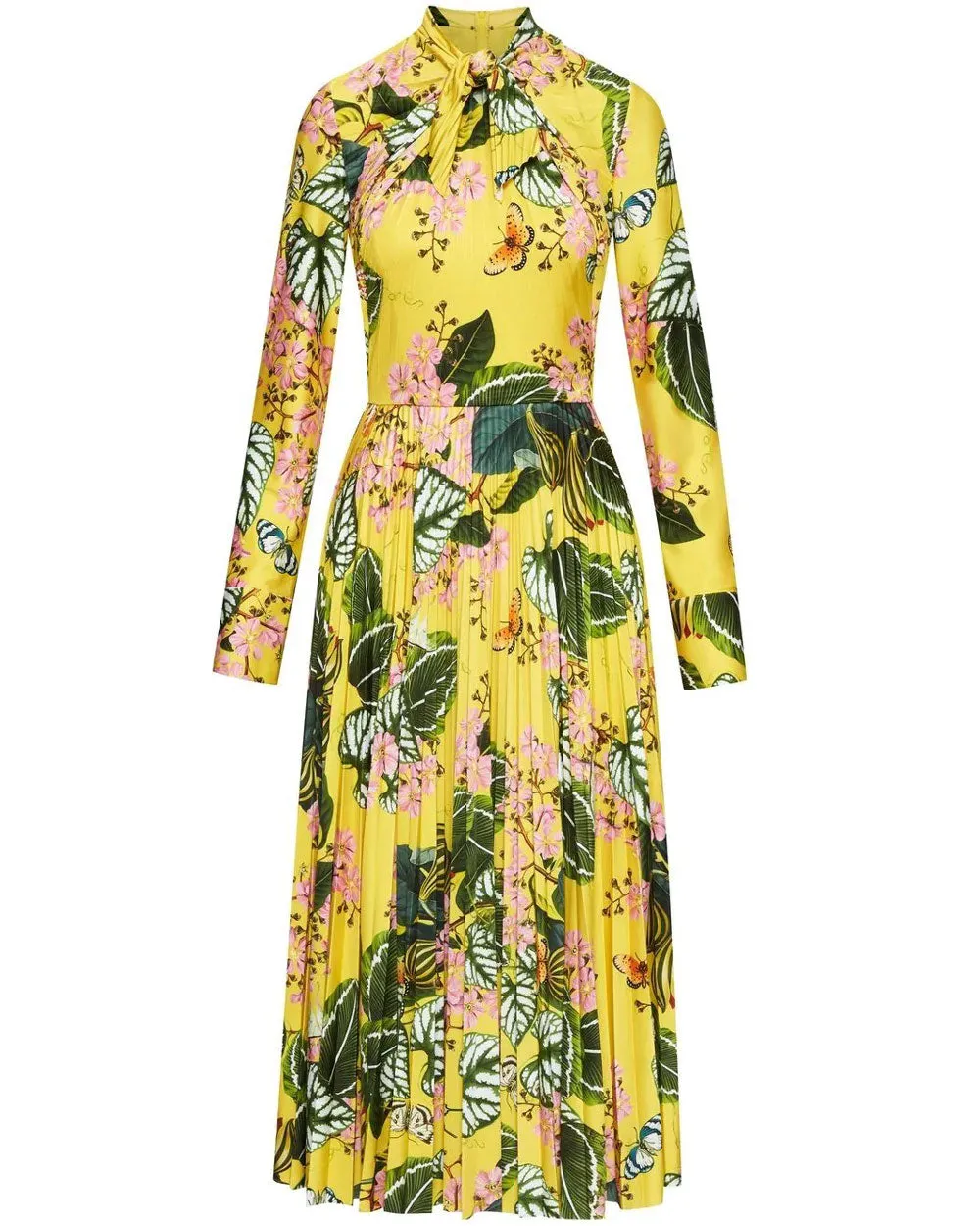 Daffodil Mixed Botanical Pleated Midi Dress