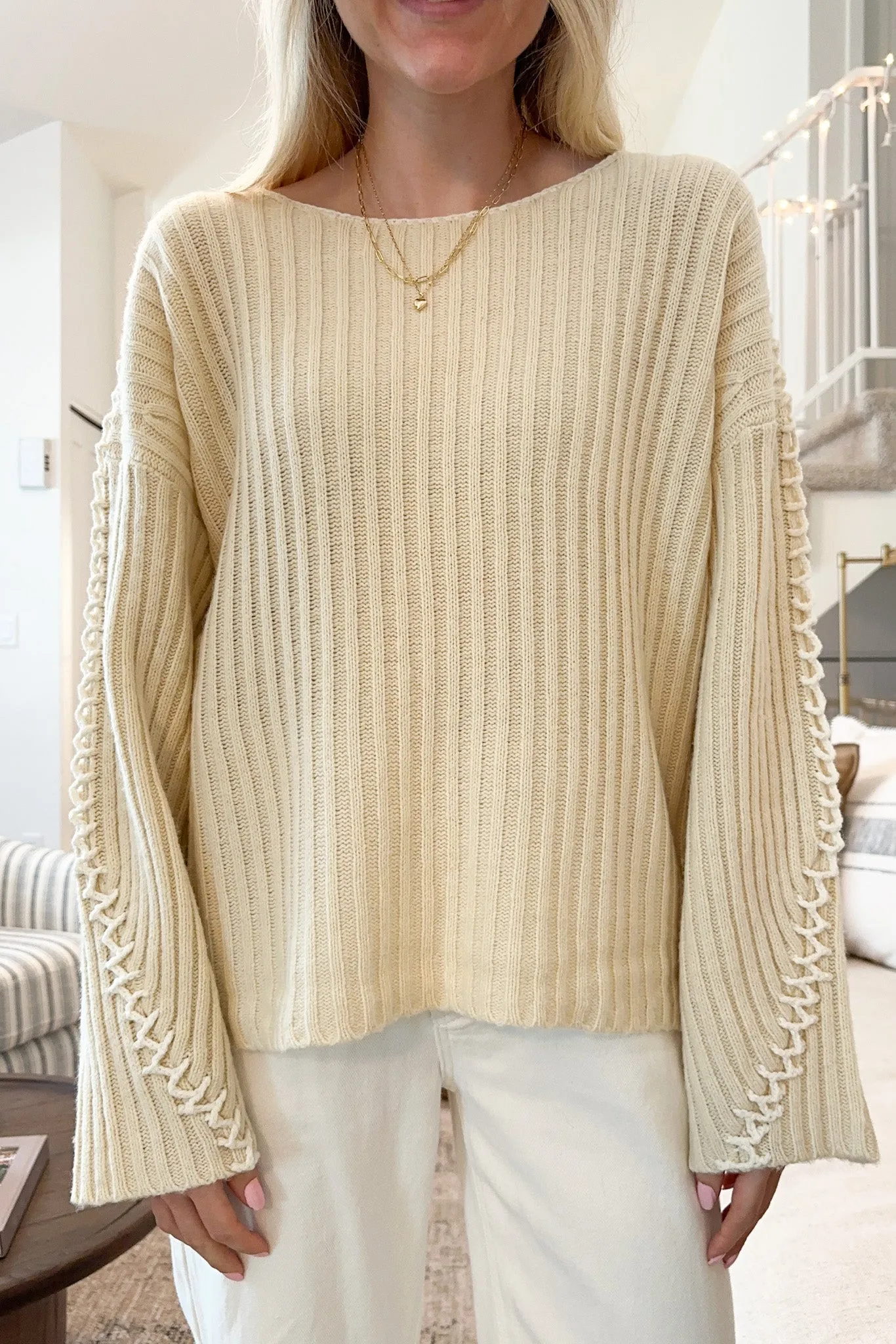 Daisy Stitch Details Knit Sweater in Natural