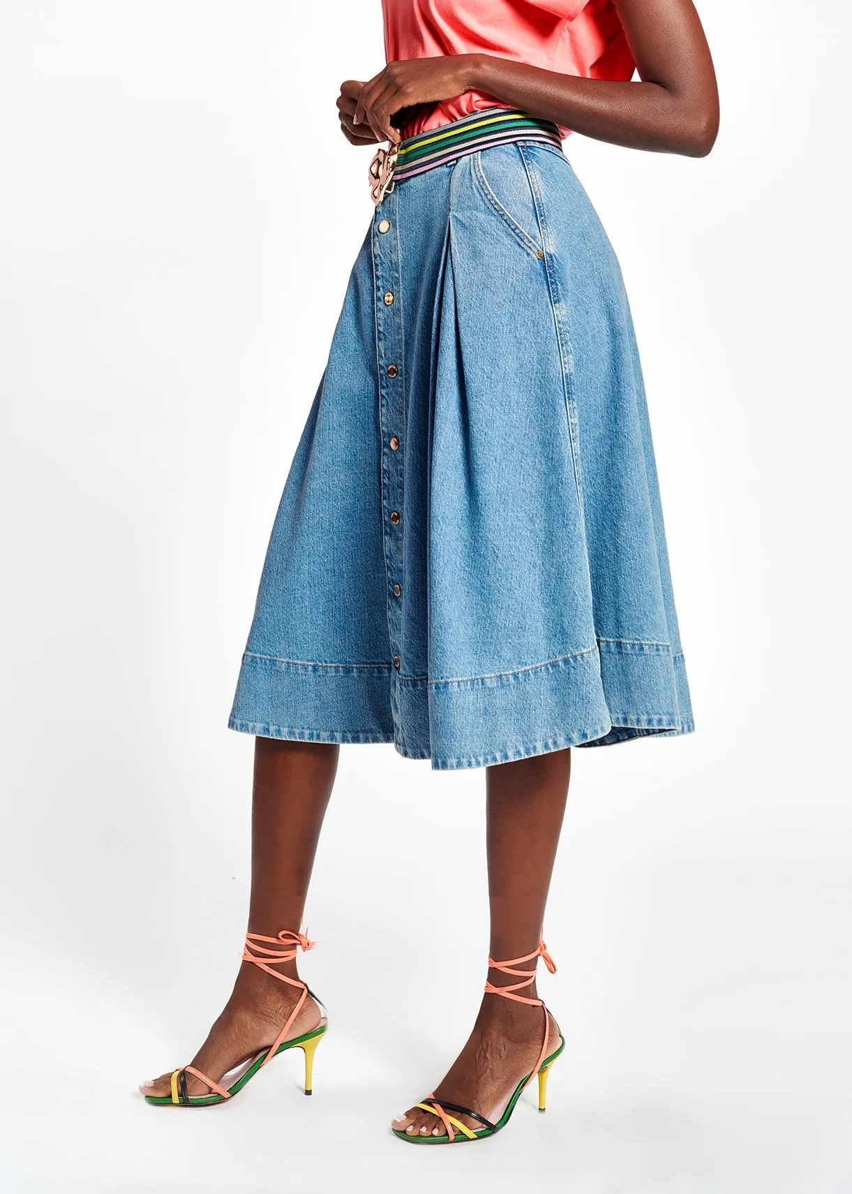 Dark blue denim pleated midi skirt