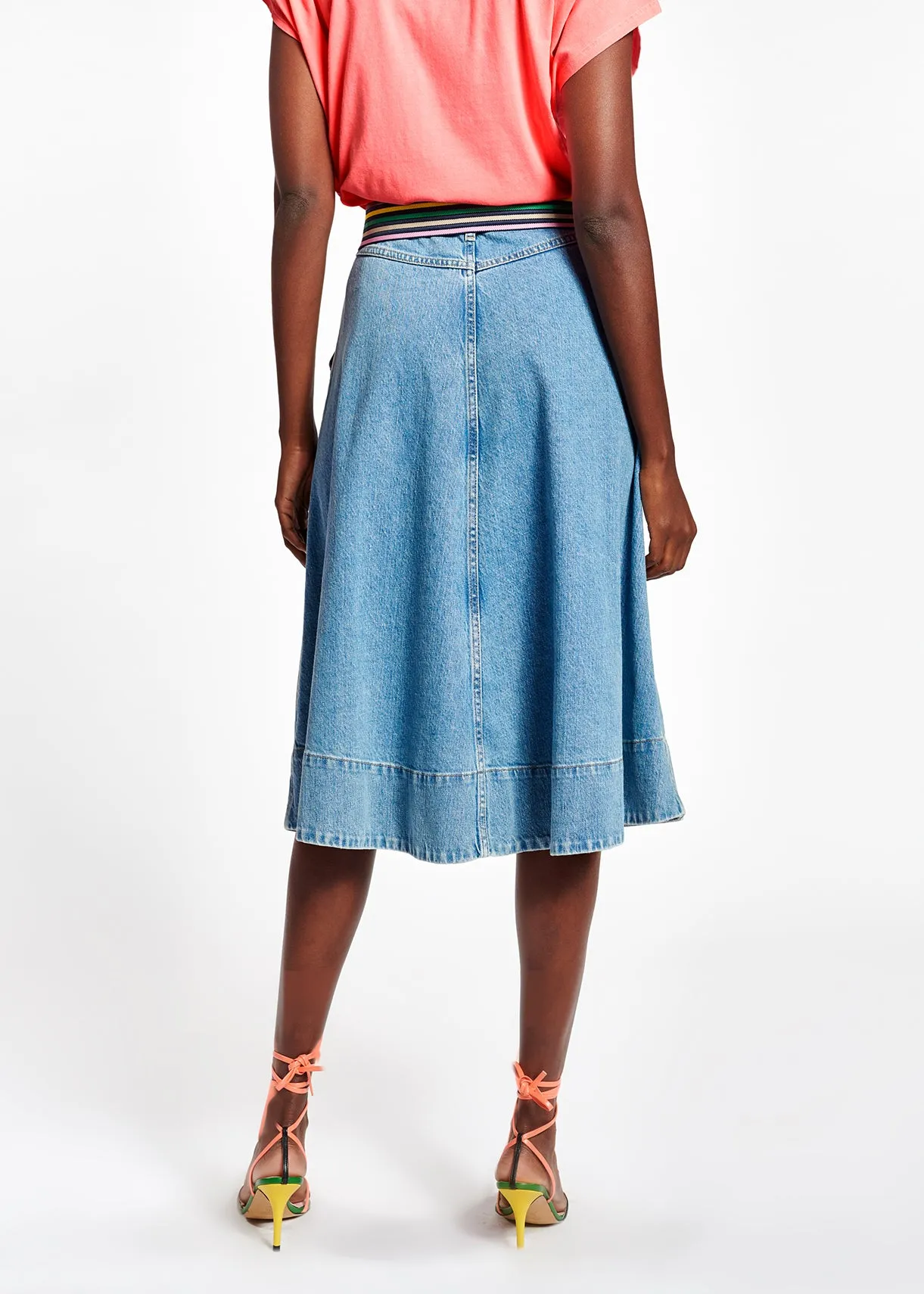 Dark blue denim pleated midi skirt