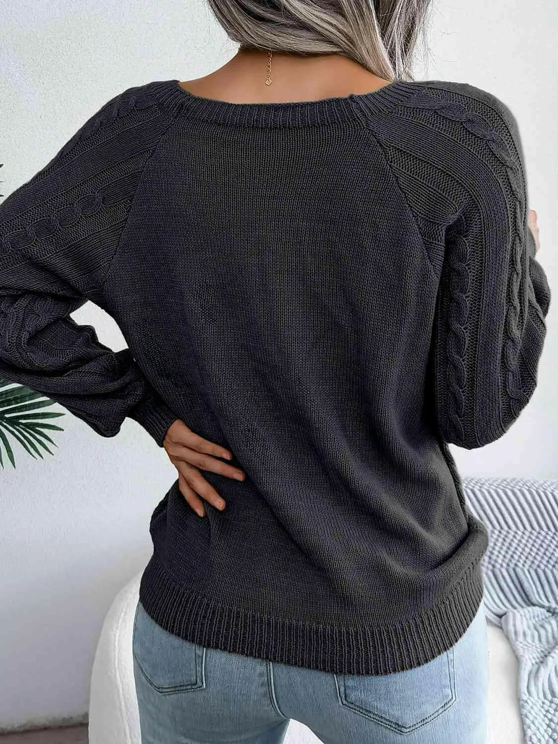 Decorative Button Cable-Knit Sweater