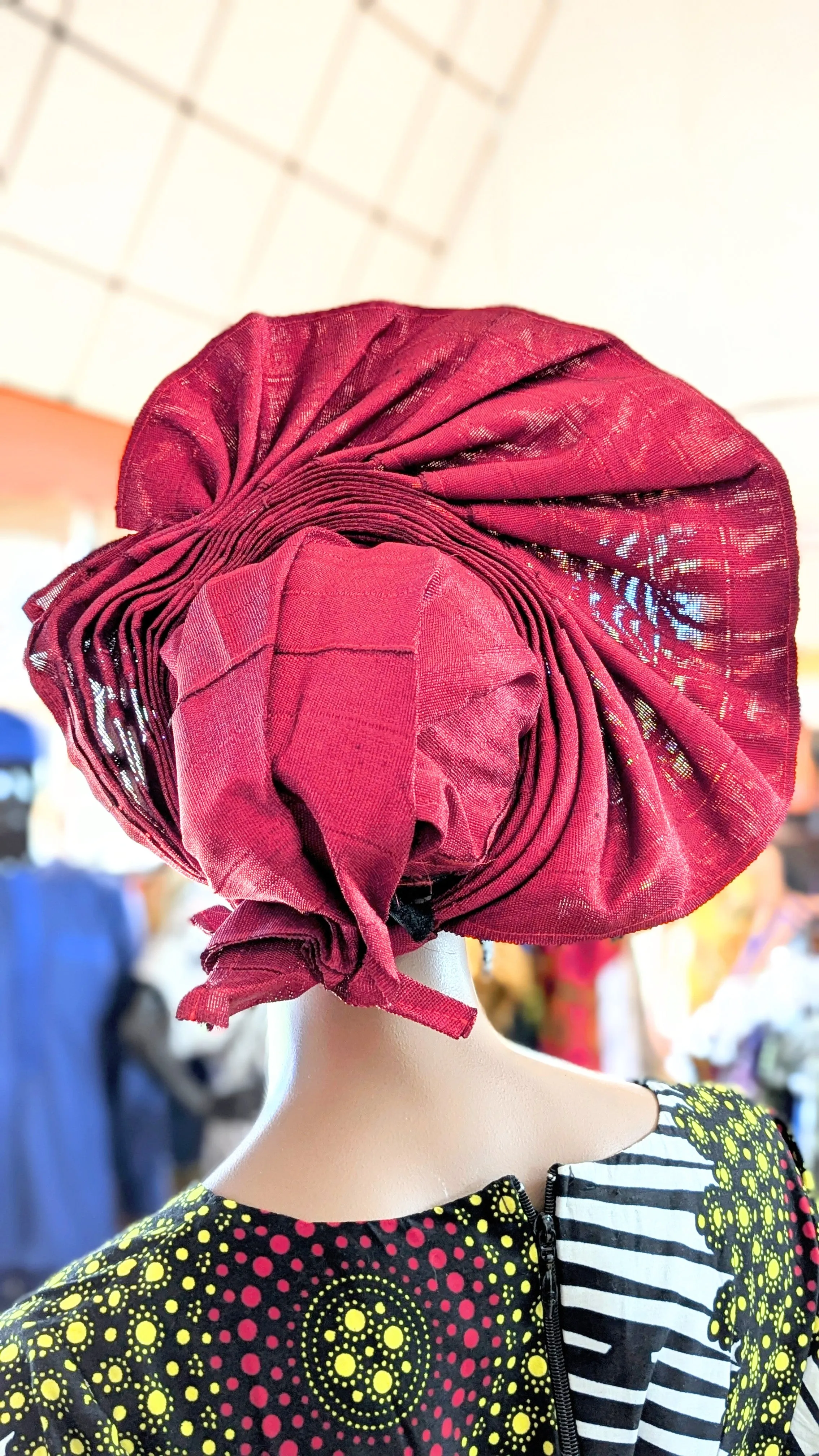 Dupsie's African Nubia Burgundy Aso Oke Autogele Ready Gele head wrap Hat DPAGBWB33