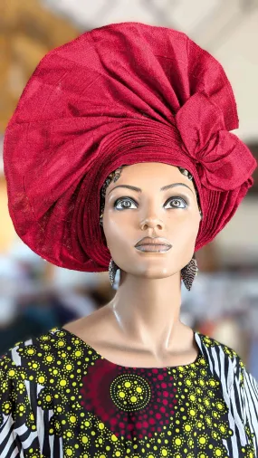 Dupsie's African Nubia Burgundy Aso Oke Autogele Ready Gele head wrap Hat DPAGBWB33