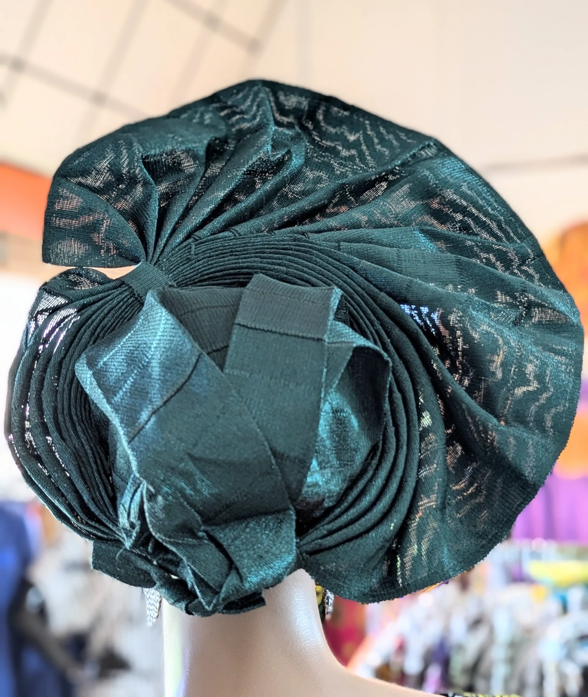 Dupsie's African Olufunke Emerald Green Aso Oke Autogele Ready Gele head wrap hat DPAGEGBG4