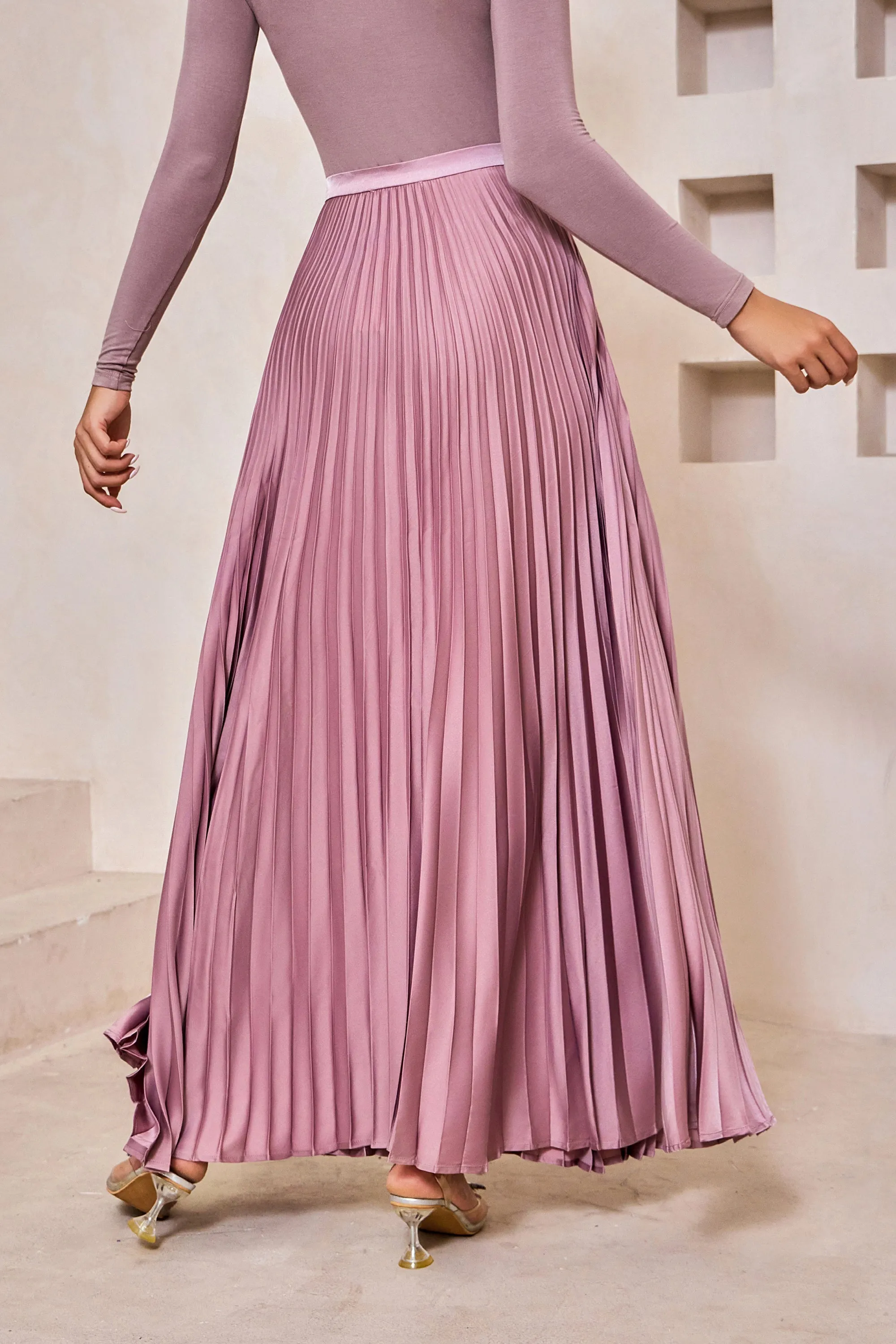 Dusty Pink Satin Pleated Maxi Skirt