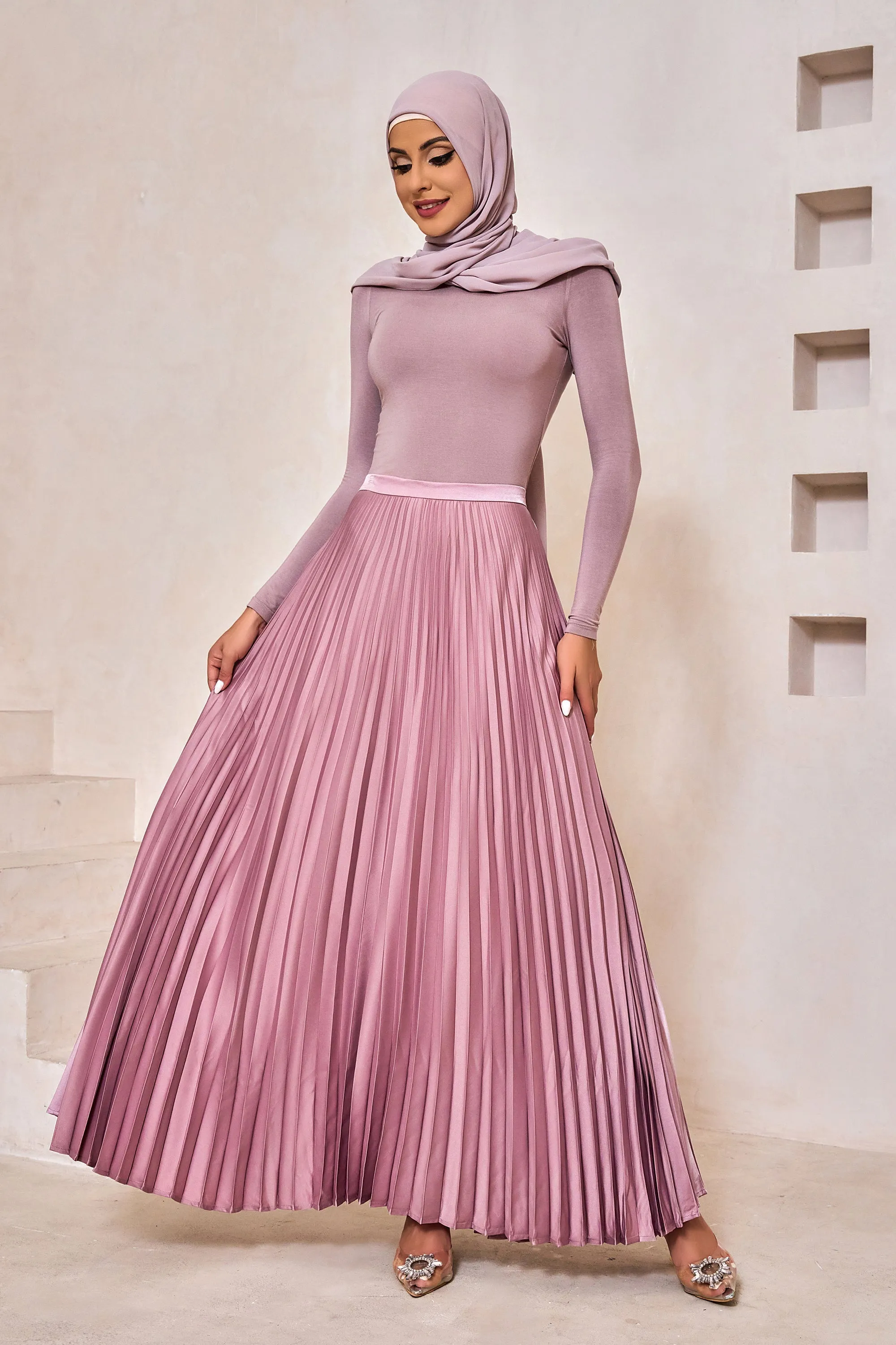 Dusty Pink Satin Pleated Maxi Skirt