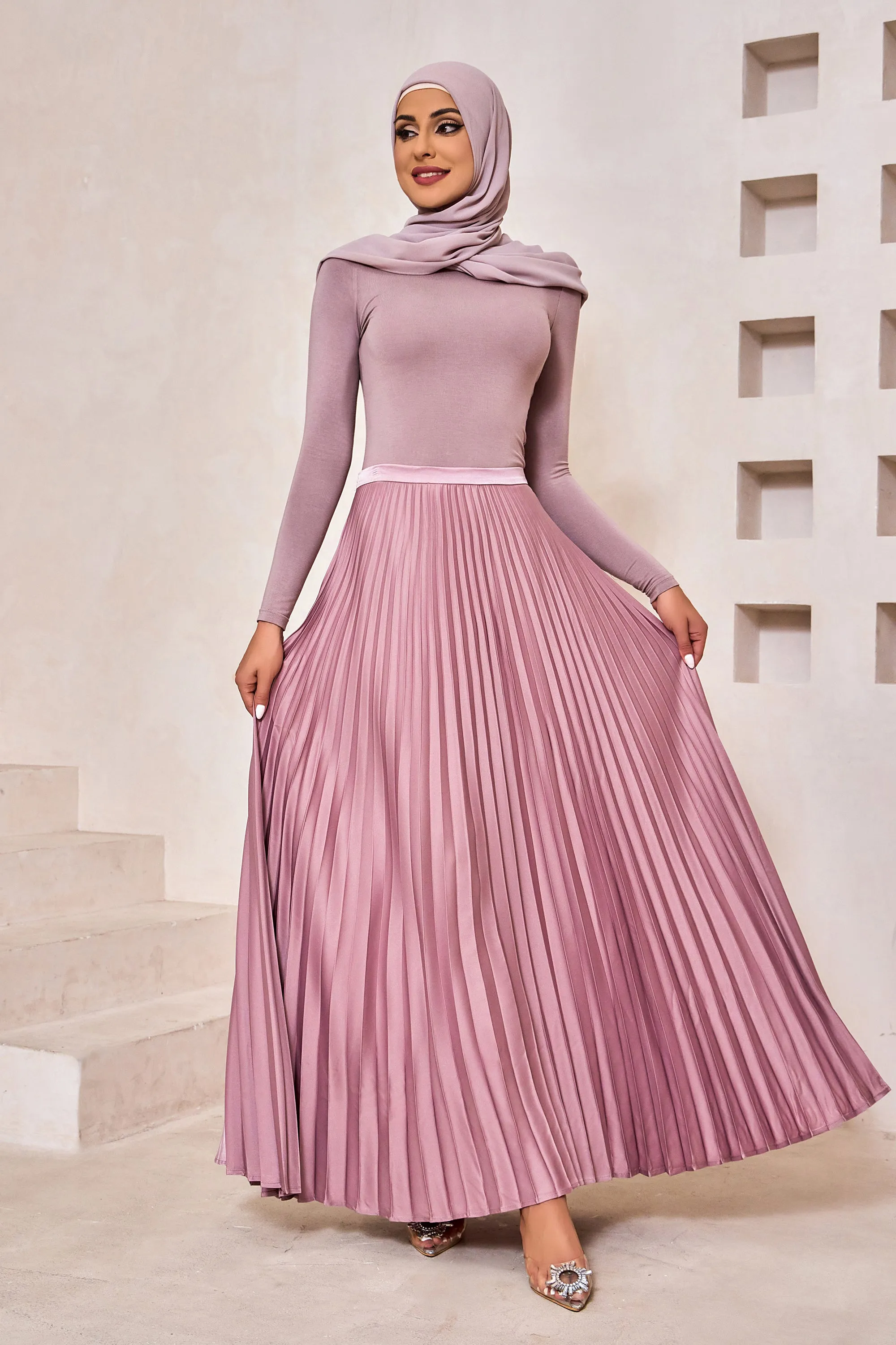 Dusty Pink Satin Pleated Maxi Skirt