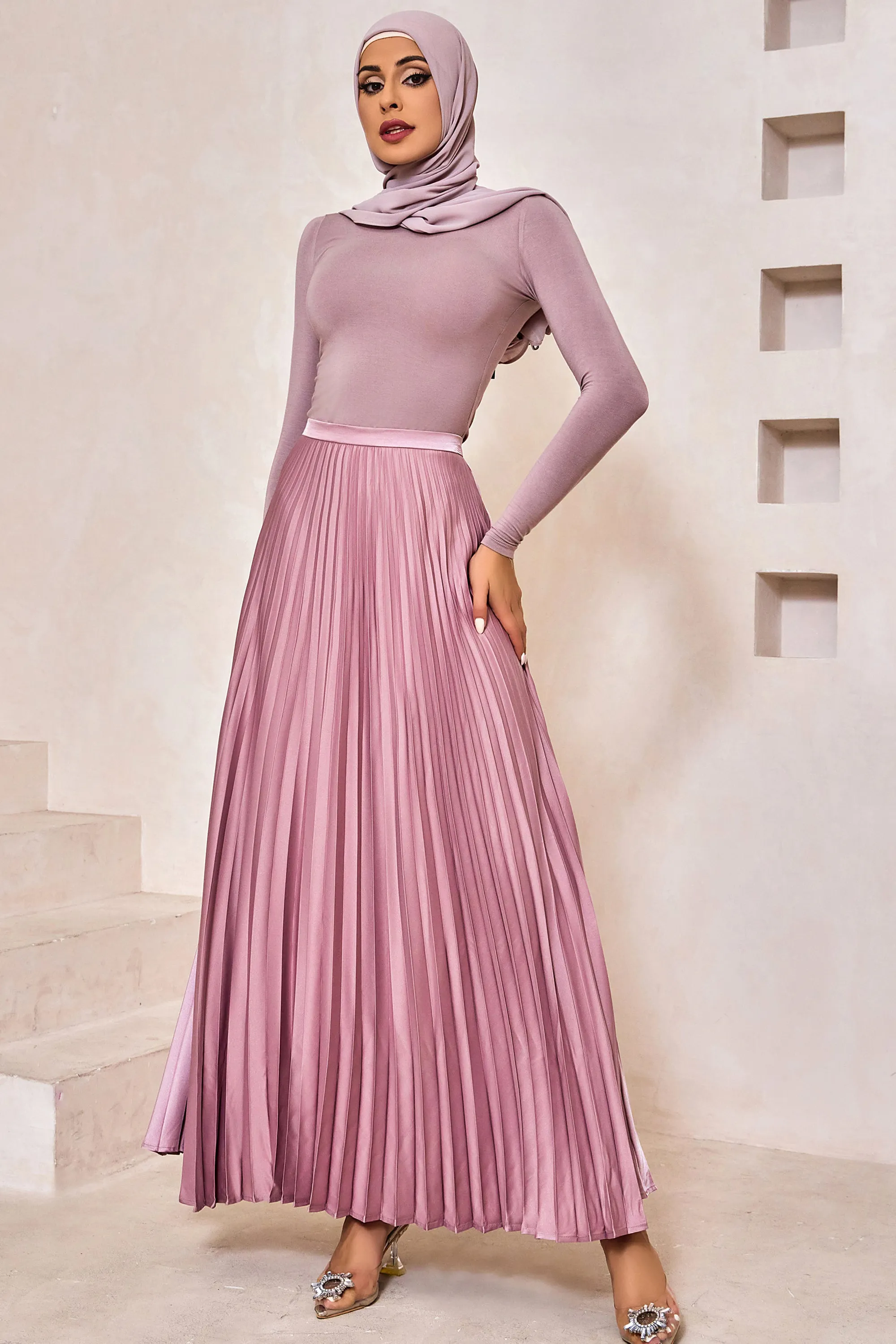 Dusty Pink Satin Pleated Maxi Skirt