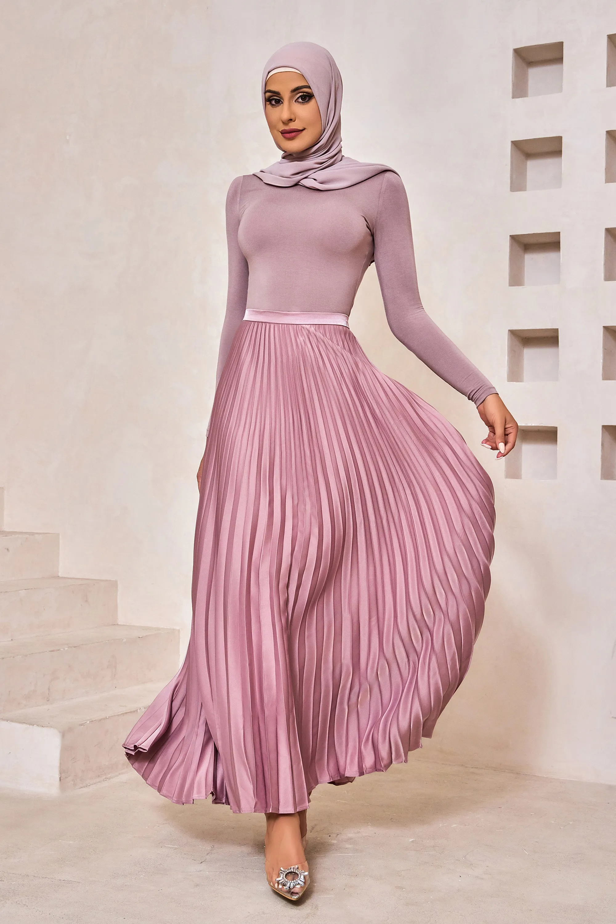 Dusty Pink Satin Pleated Maxi Skirt