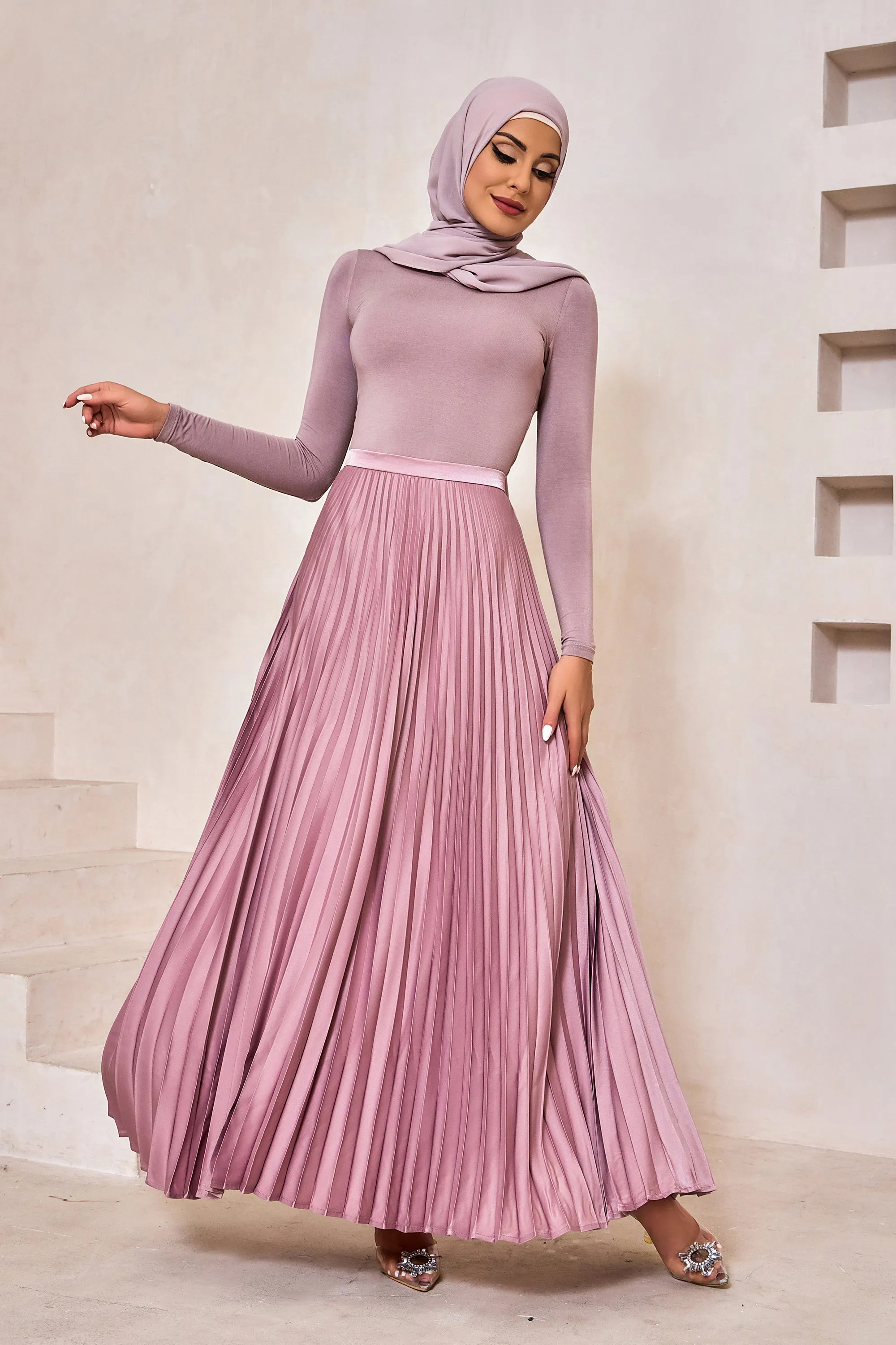 Dusty Pink Satin Pleated Maxi Skirt