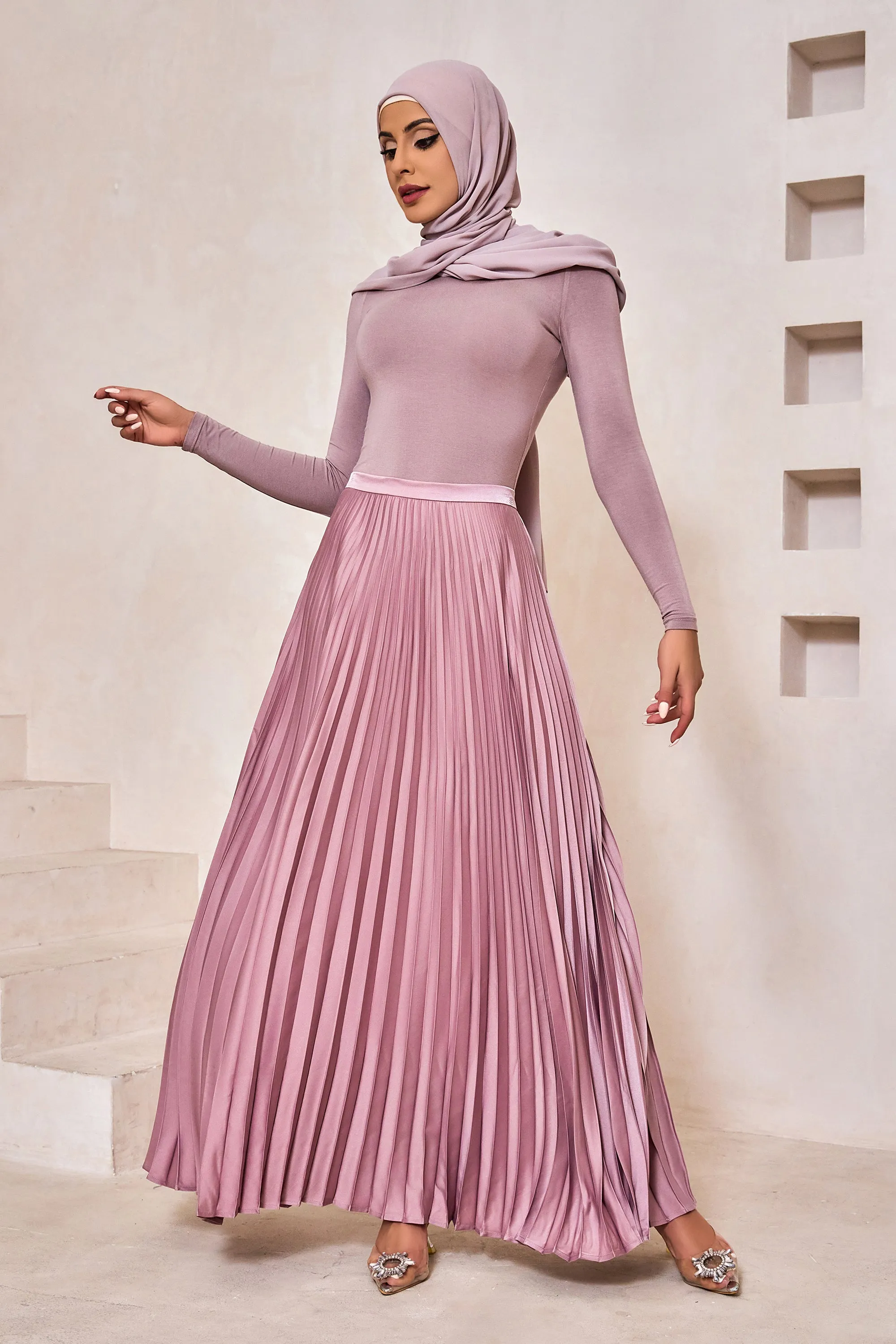 Dusty Pink Satin Pleated Maxi Skirt