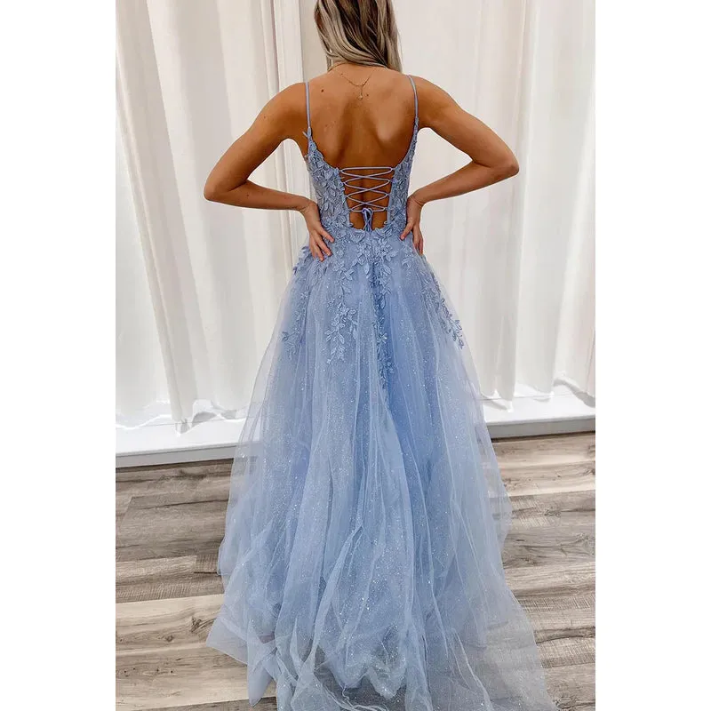 Elegant & Luxurious Criss-Cross Straps V-Neck Spaghetti Straps Tulle Prom Dress