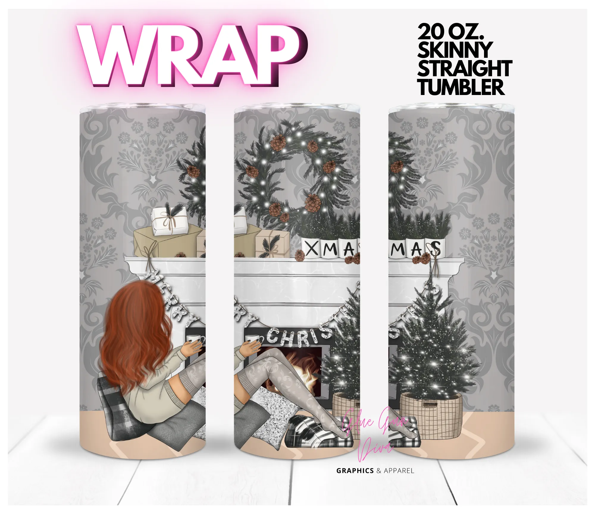 Elegant Christmas Fireplace Red Hair - Digital tumbler wrap for 20 oz skinny straight tumbler