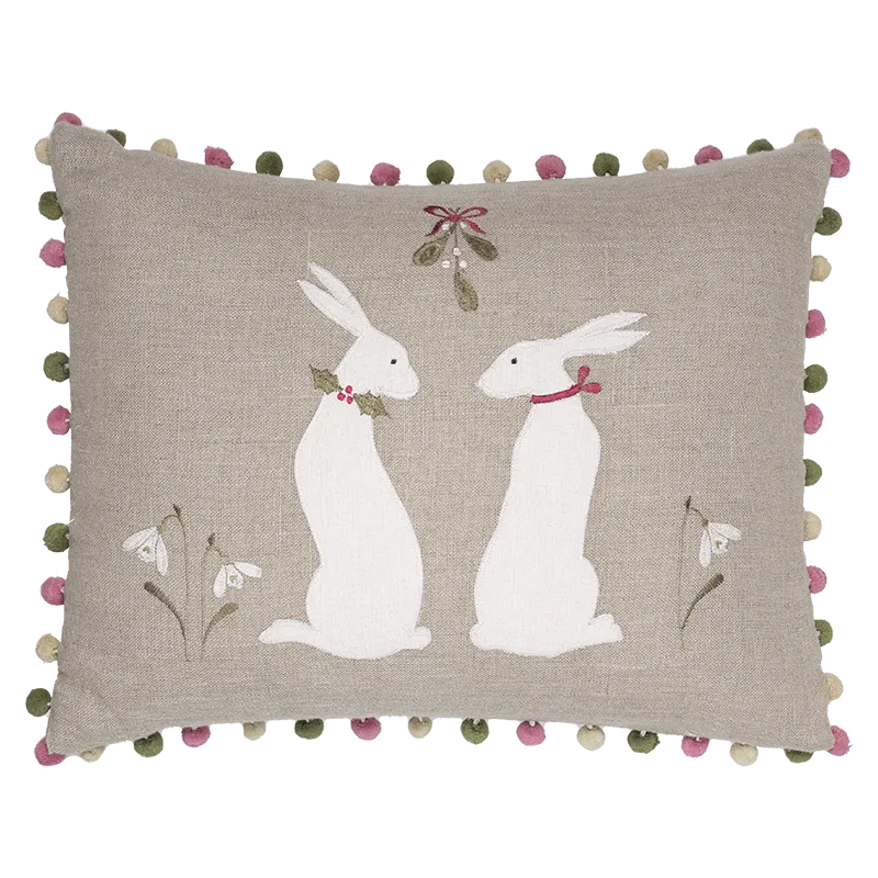 Embroidered Winter Hares Linen Cushion