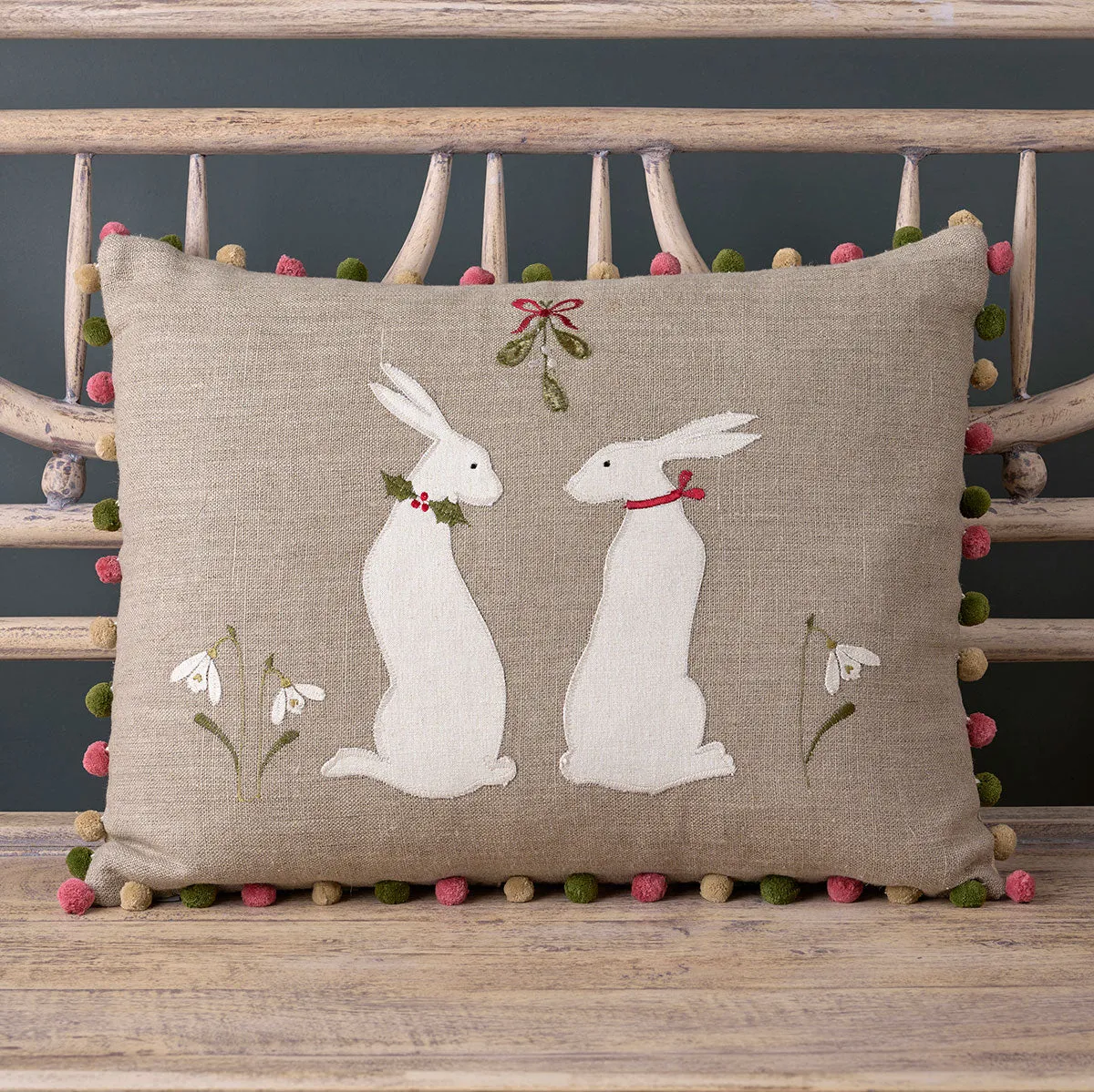 Embroidered Winter Hares Linen Cushion