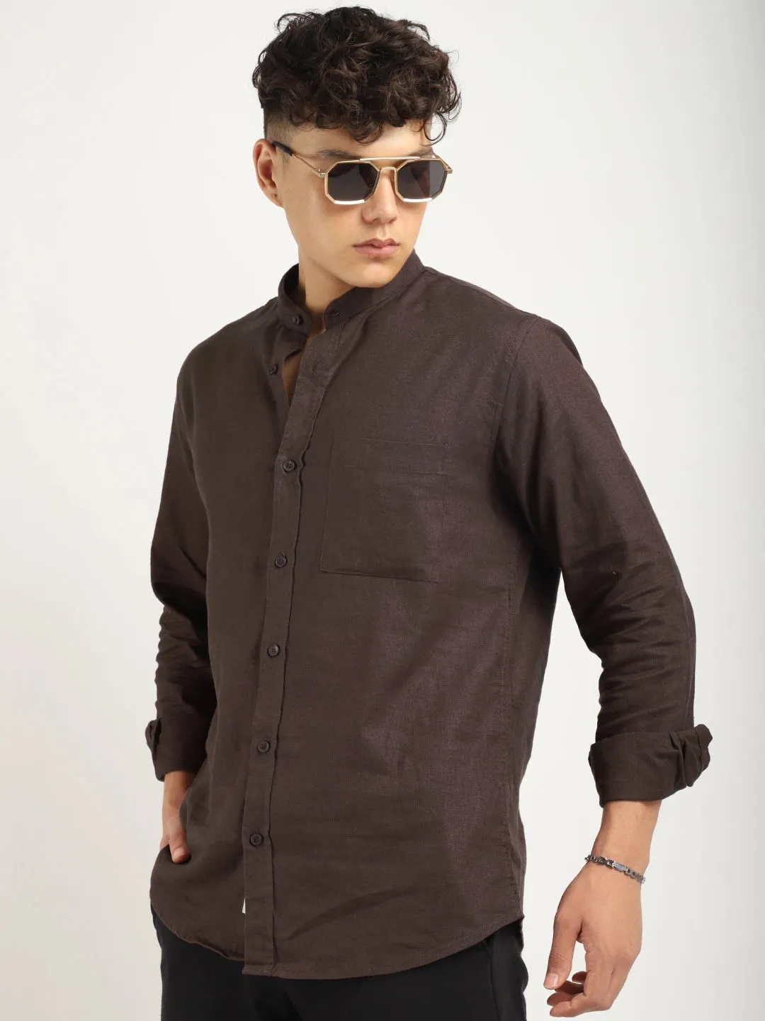 Fabric linen Blend Brown Full Sleeve Shirt